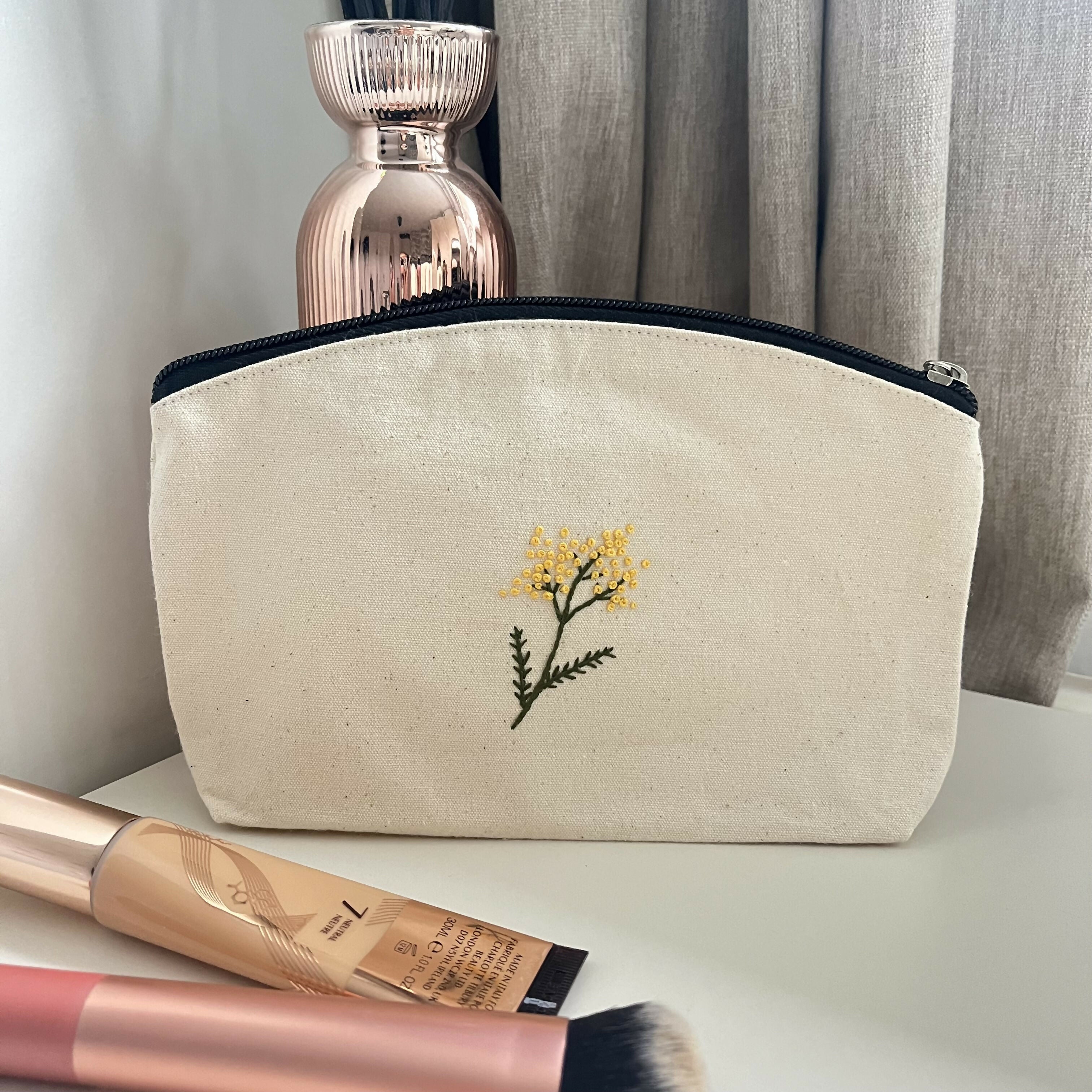 Hand Embroidered Mimosa Flower Cosmetic Bag