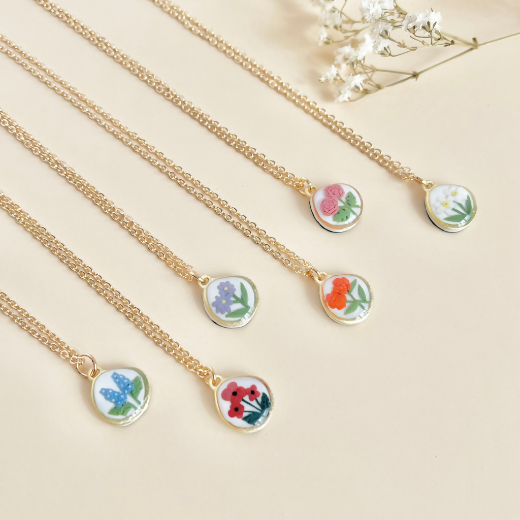Birth Flower Pendant Necklace - Handmade Polymer Clay Necklace