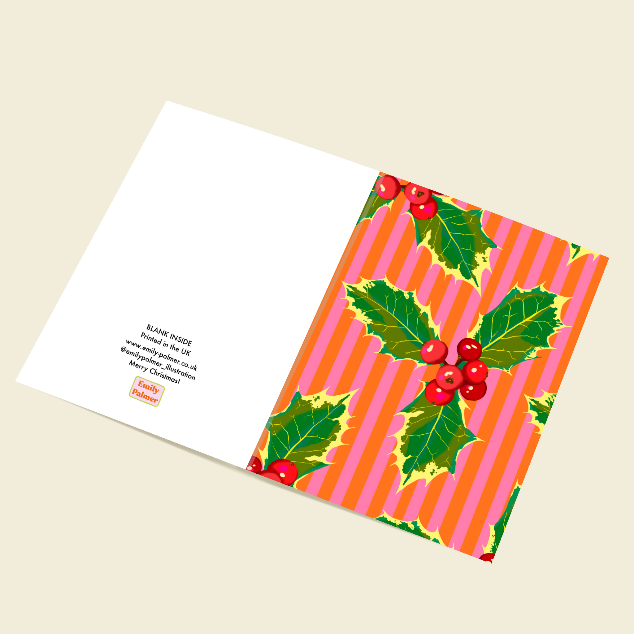 Pink Stripe Holly Christmas Card