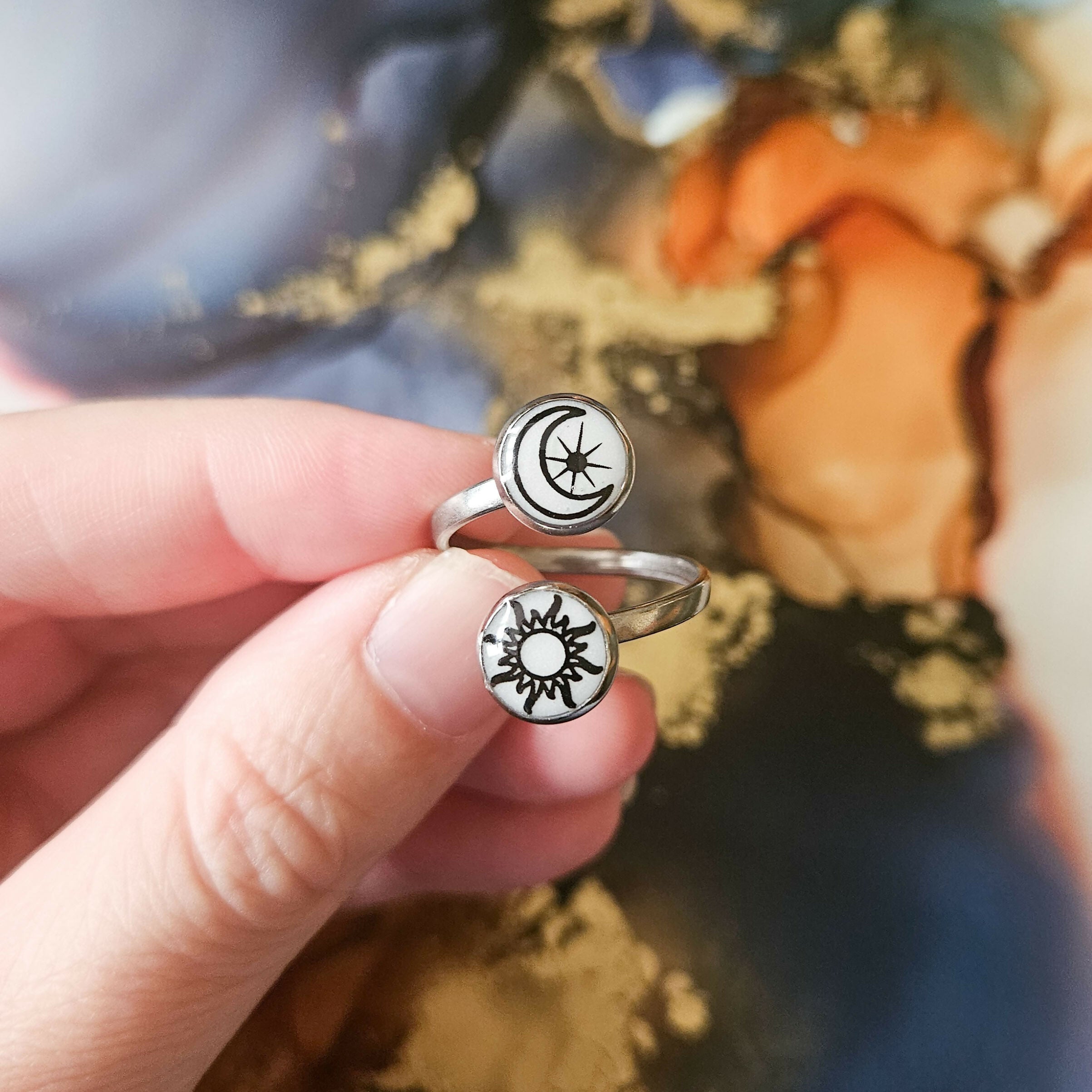 Handmade White Black Moon And Stars Resin And Stainless Steel Adjustable Double Ring