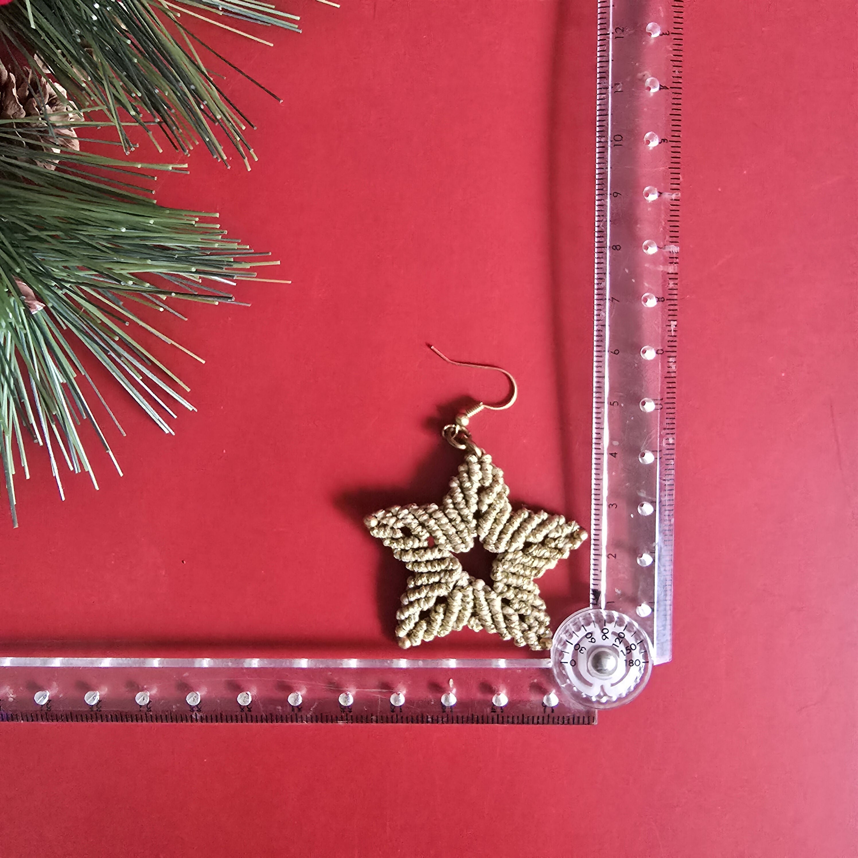 Christmas Macrame Star Earrings; Festive Sparkly Gold knotted Cord Handmade Artisan Earrings
