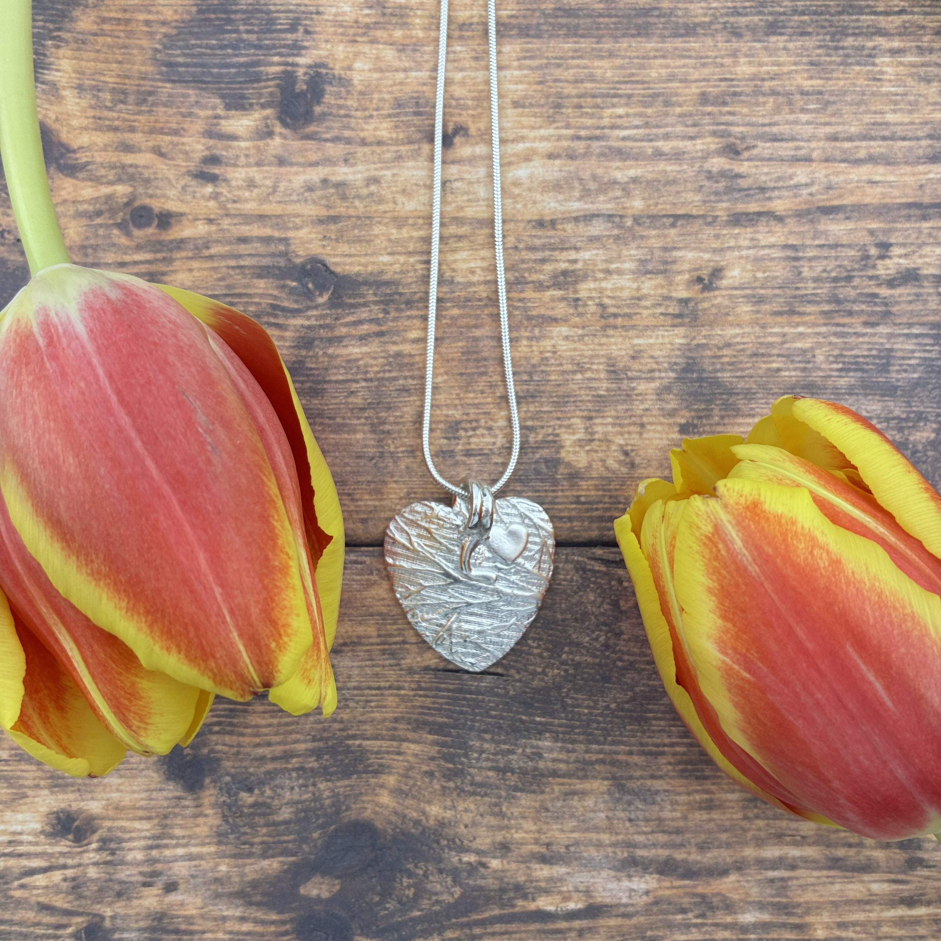 Silver Heart Pendant with Silver Birch Texture and Mini Heart and Sterling Silver Chain