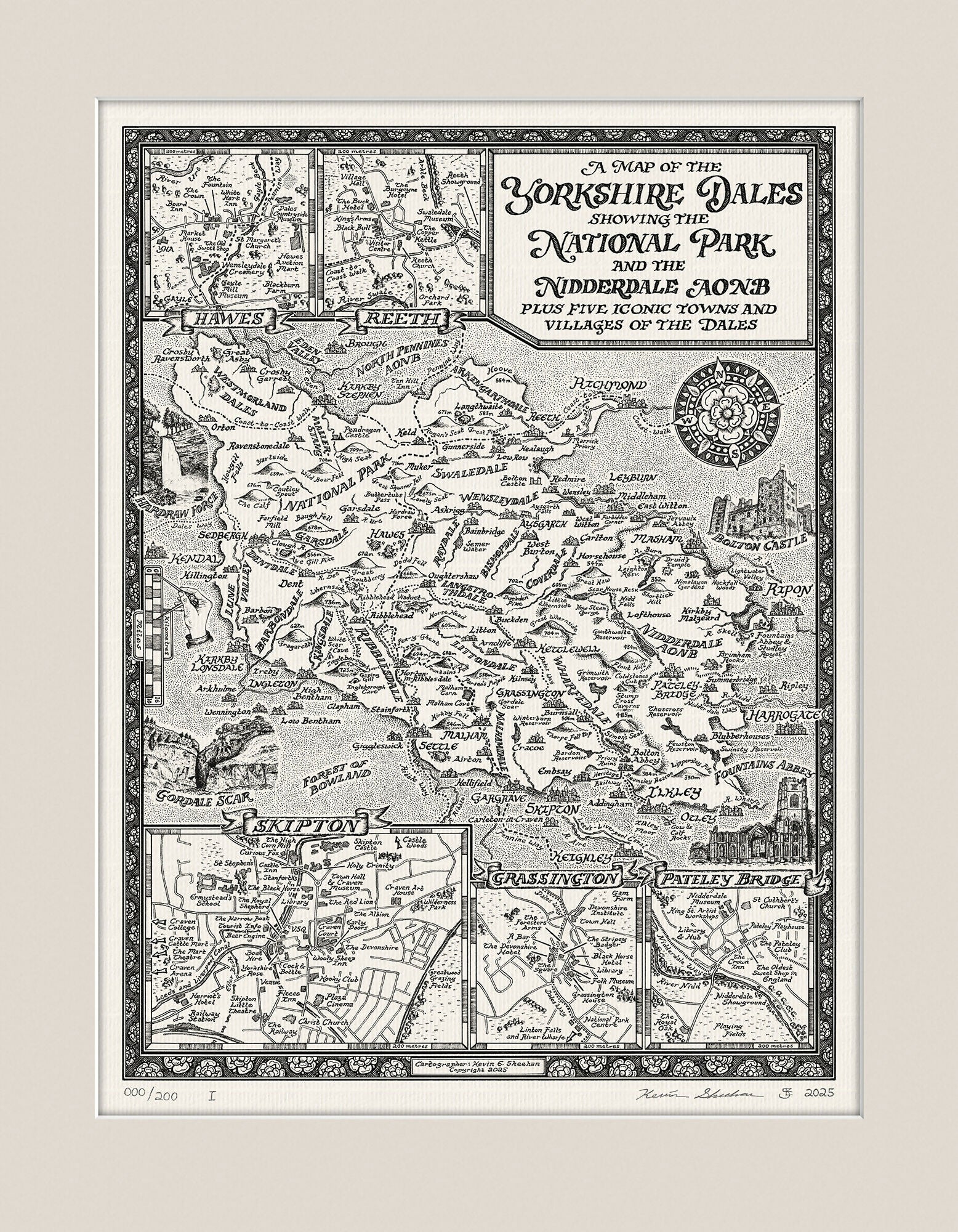 Yorkshire Dales Map Hand Drawn Fine Art Print