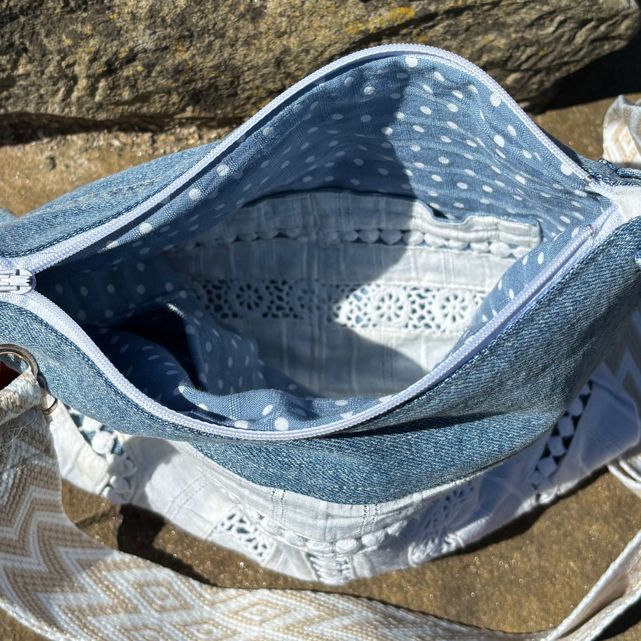 Unique Bag Handbag Made From Upcycled Jeans With Detachable Handle And Wrist Strap Plus Gonk Decoration