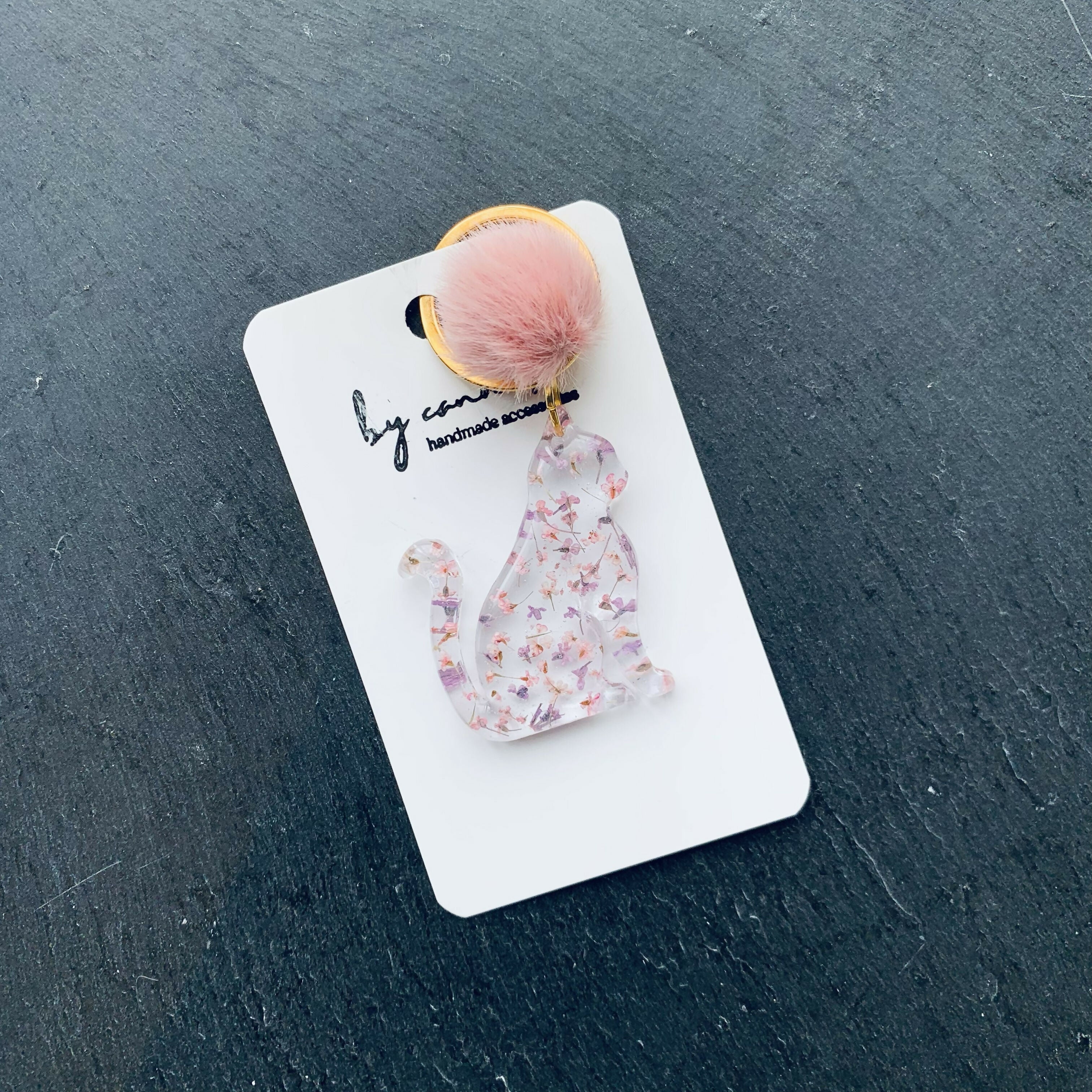Handcrafted Real Pressed Floral Resin Cat Keyring with Fluffy Pom-Pom Accent