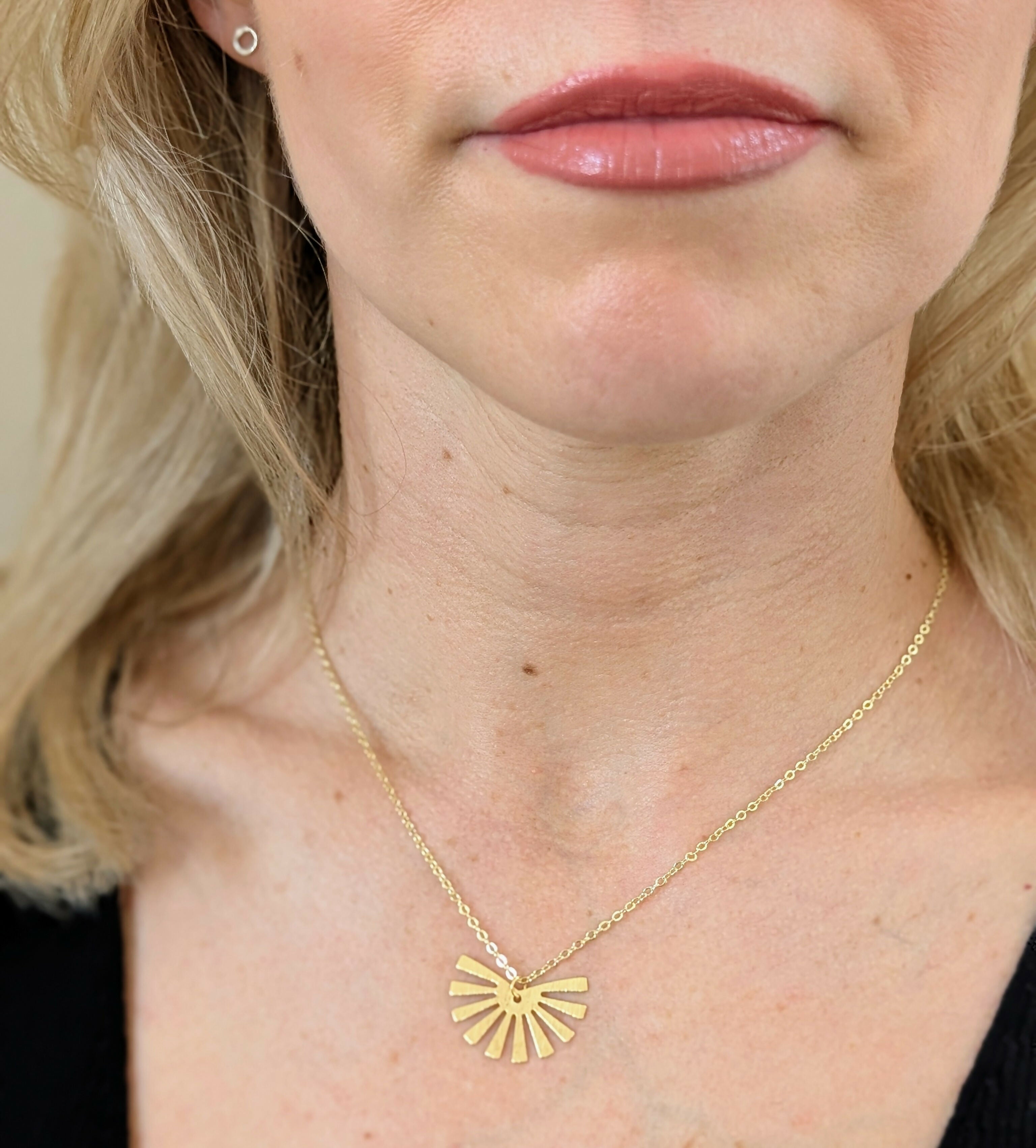 Gold Half Sun Fan Necklace on Fine Gold Plated Chain