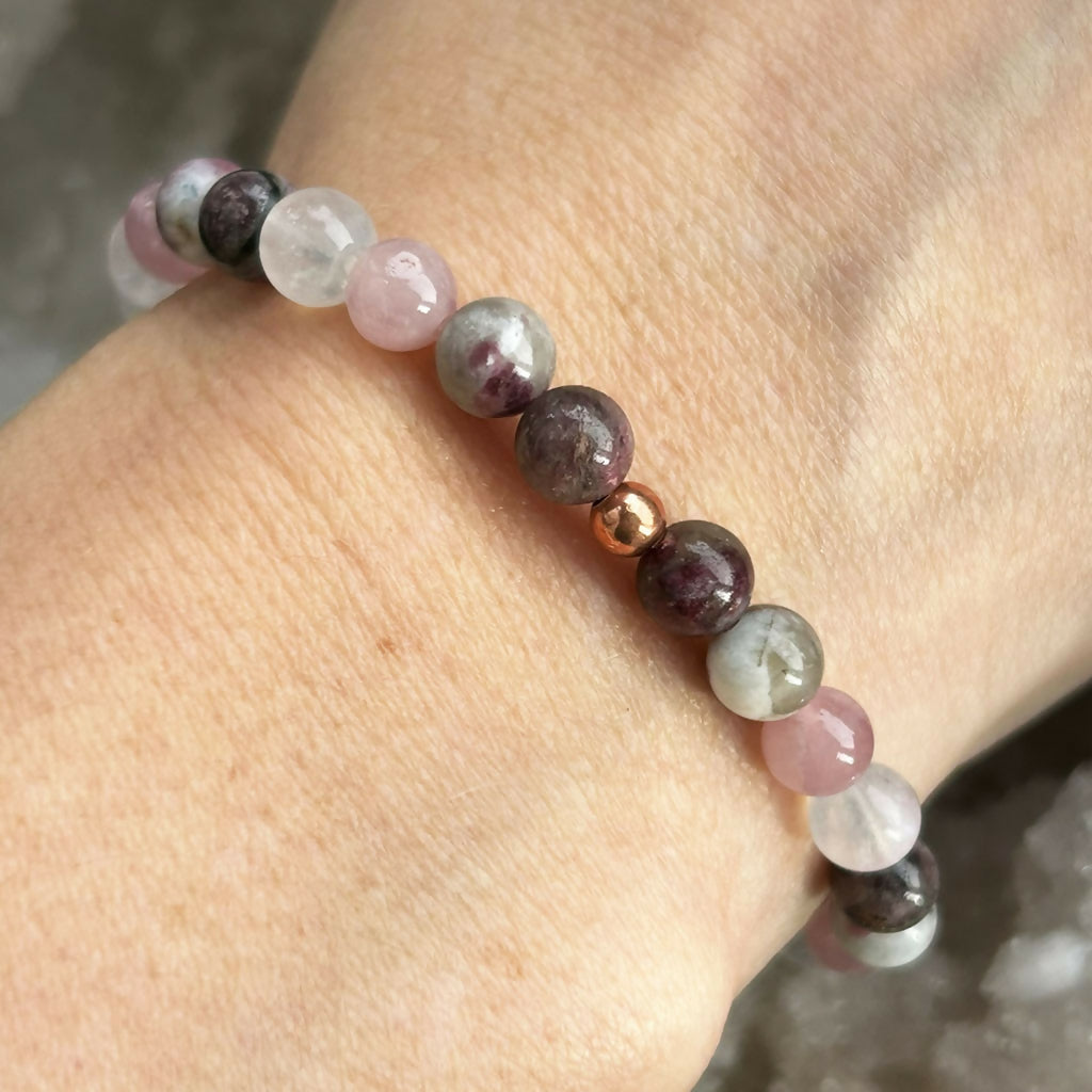 Handmade Pink Tourmaline, Lavender Rose Quartz And Moonstone Stretch Bracelet