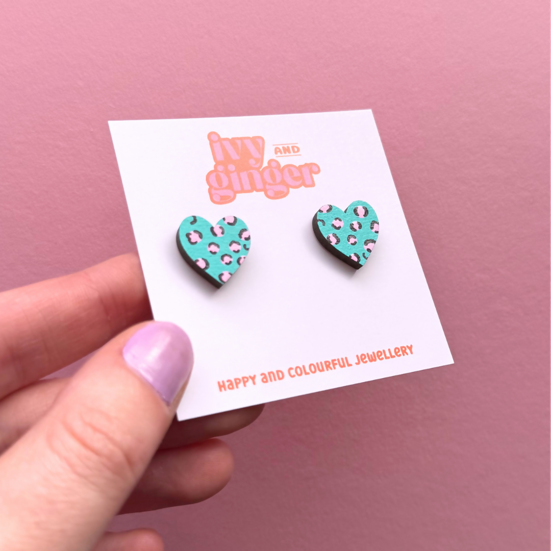 Hand Painted Midi Leopard Print Heart Stud Earrings in Green and Pink
