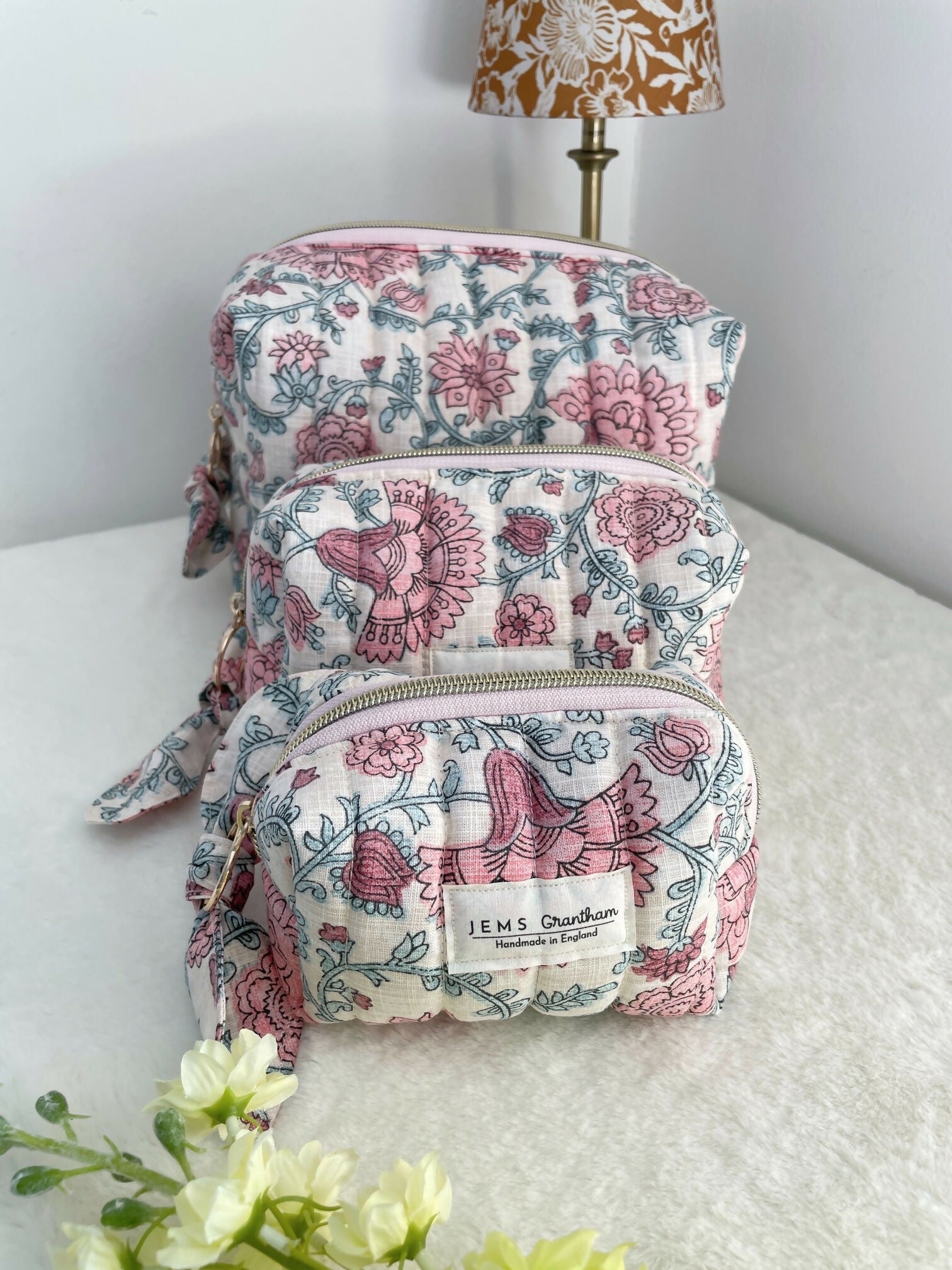Quilted Toiletry Bag Cream with Pink Floral Design