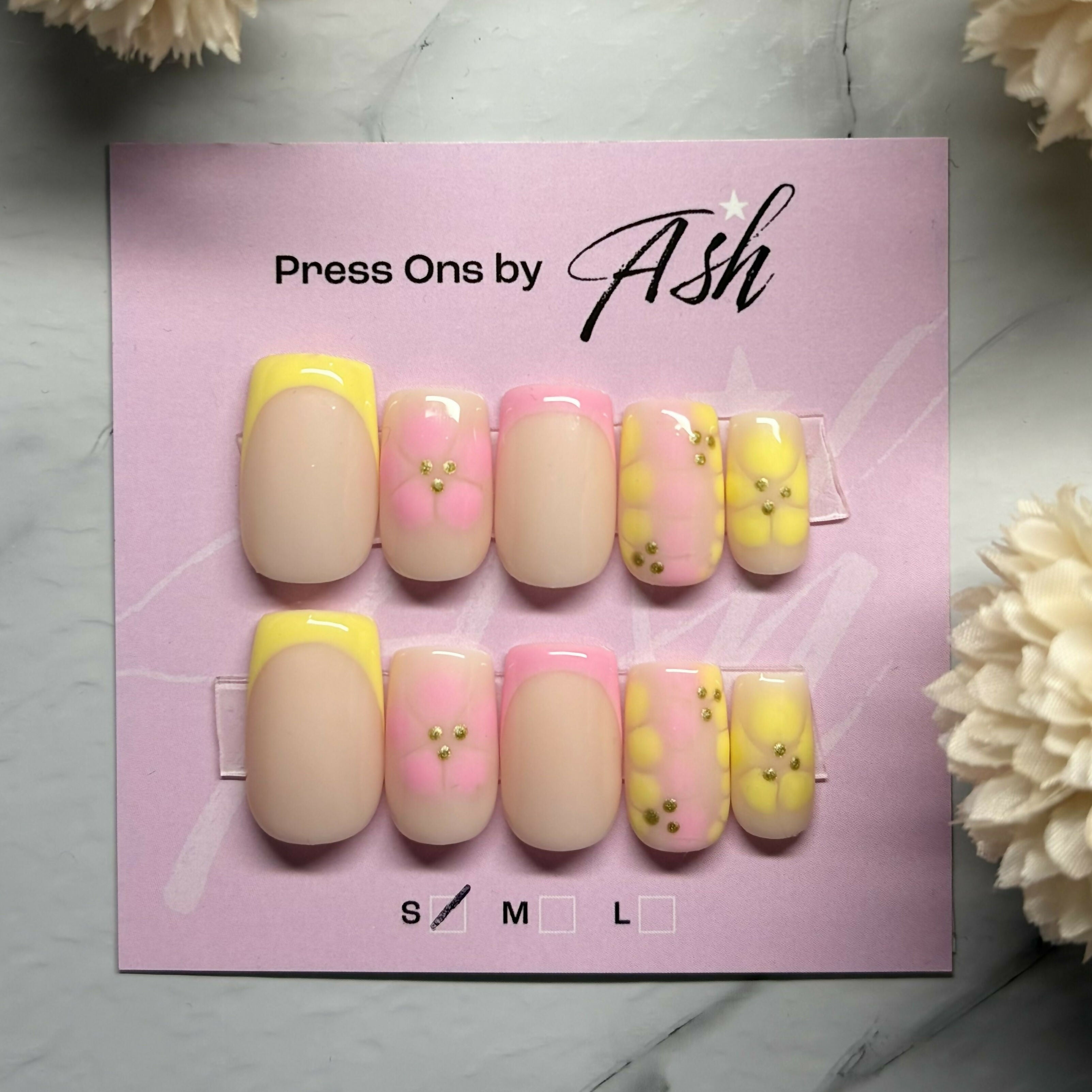 Reusable Yellow and Pink Flowery French Tip Handmade Press On Nails
