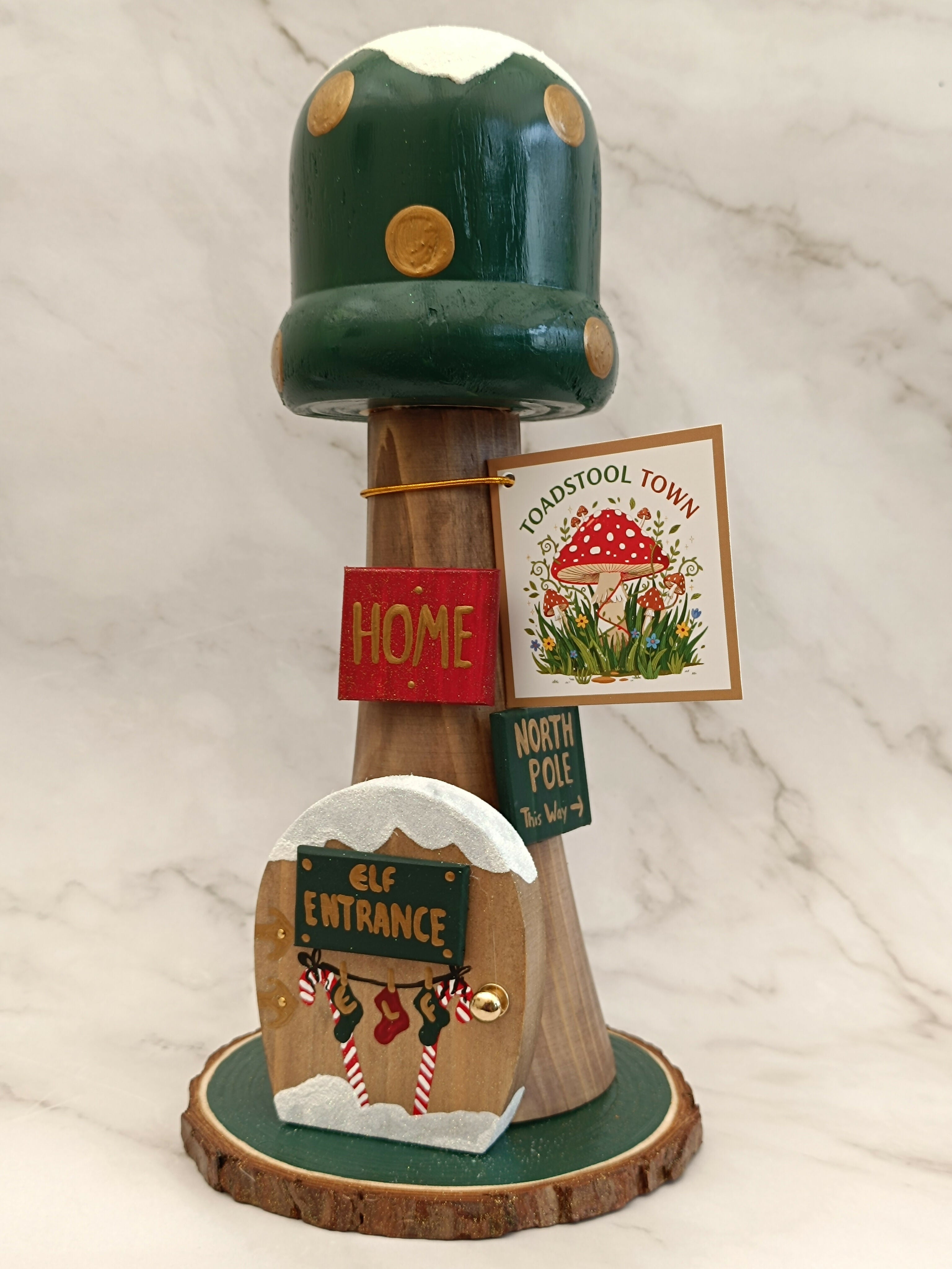 30cm Green Handmade, Free Standing Painted Wooden Bell Shaped Topped Toadstool Elf House - Whimsical Woodland Ornament & Holiday Keepsake