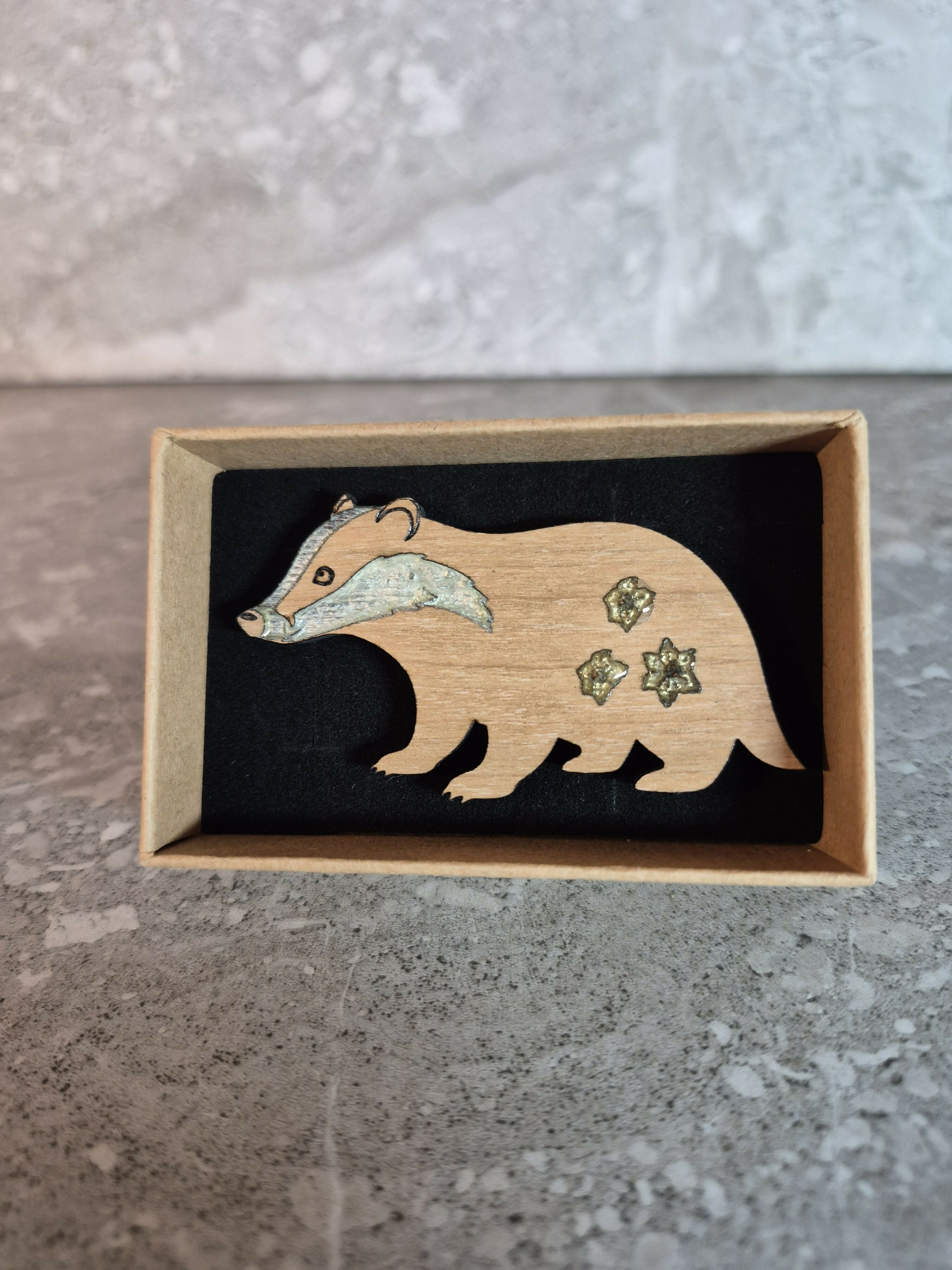Handcrafted Cherry Veneered Badger Pin