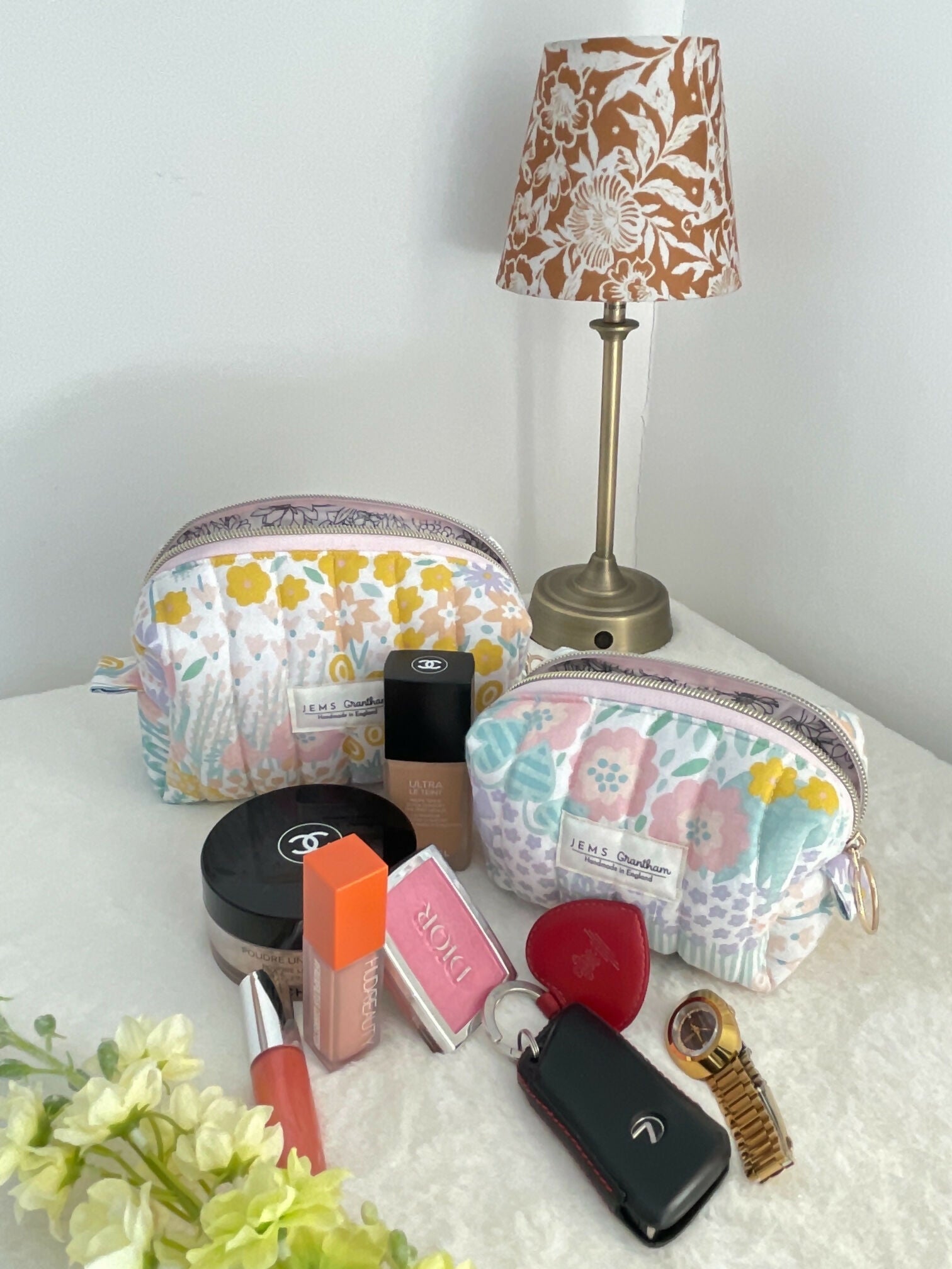 Quilted Toiletry Bag with zipper Meadow Print Handmade in UK