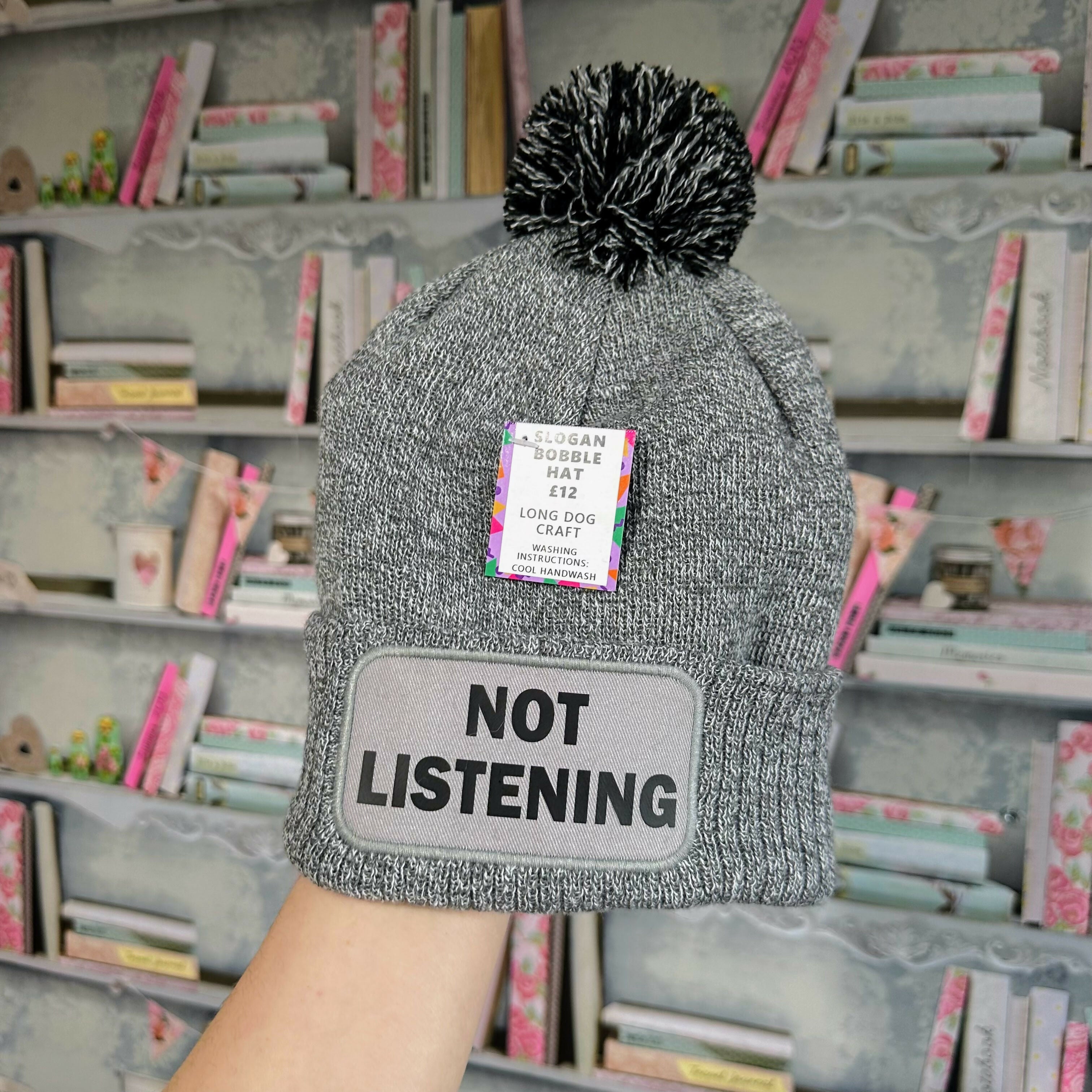 Not Listening Cuffed Rectangular Patch Bobble Hat