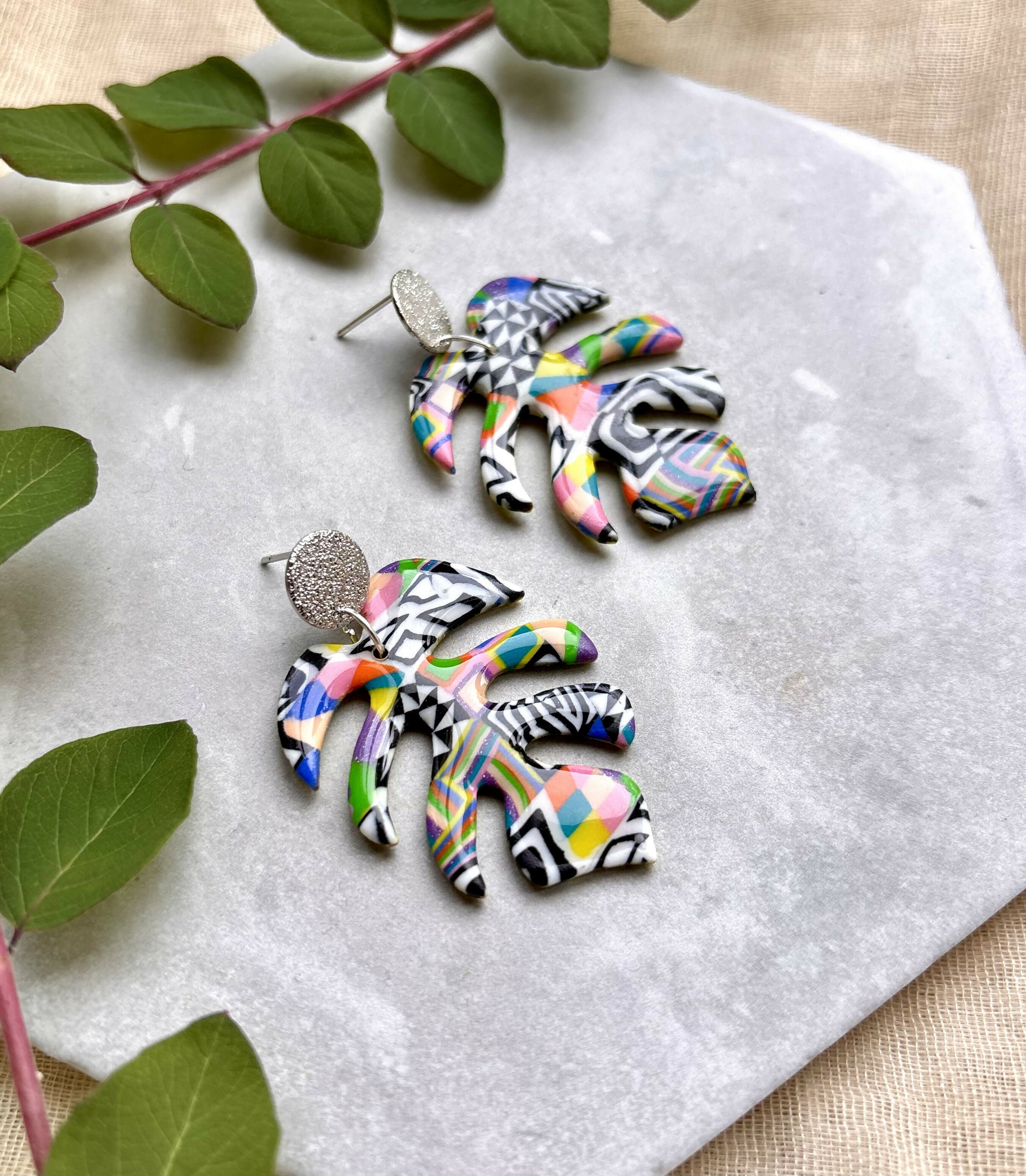 Funky Pattern Collection - Monstera Leaf Polymer Clay Earrings
