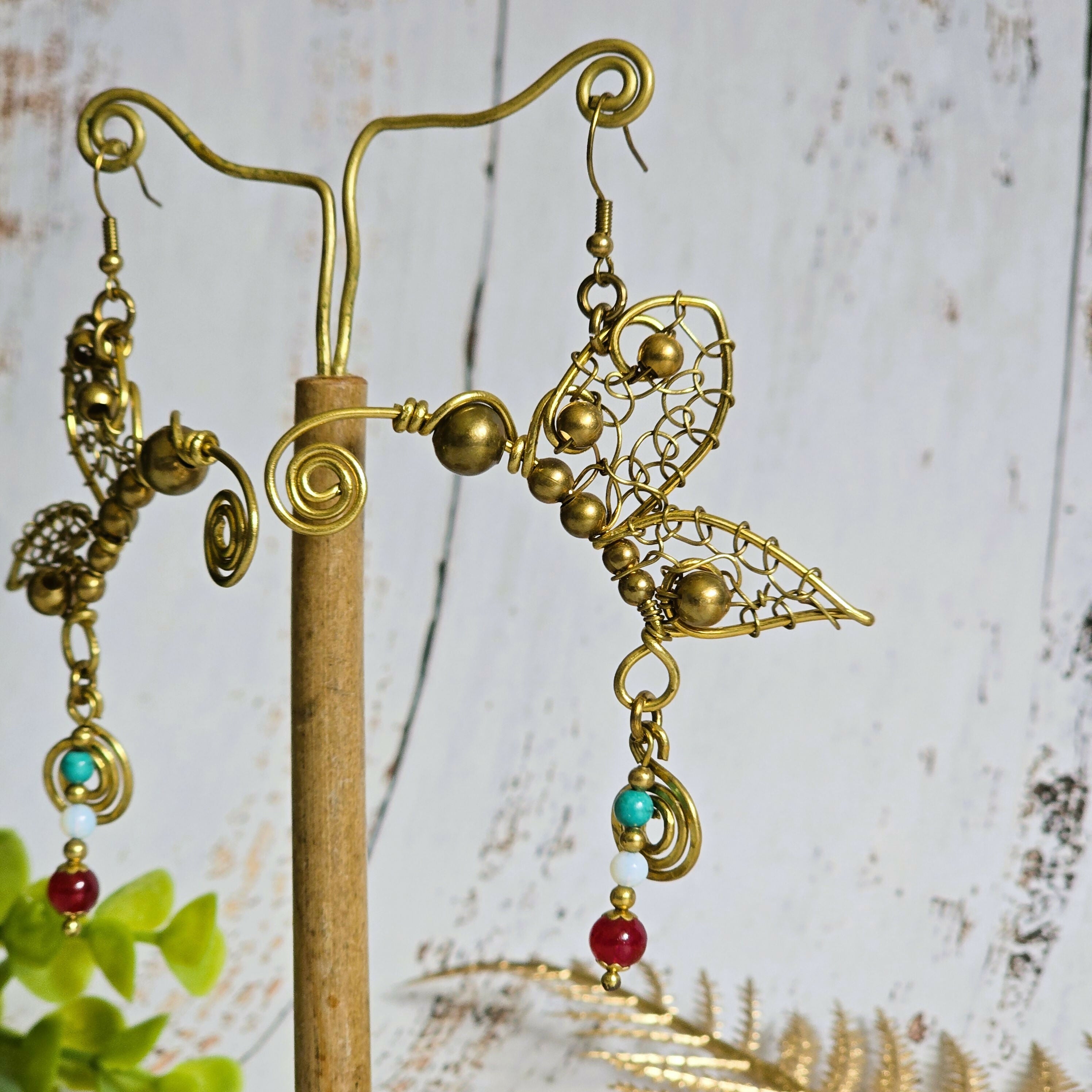 Handmade Butterfly Earrings; Intricate Wire Art With Turquoise, Moonstone & Rubellite Crystals