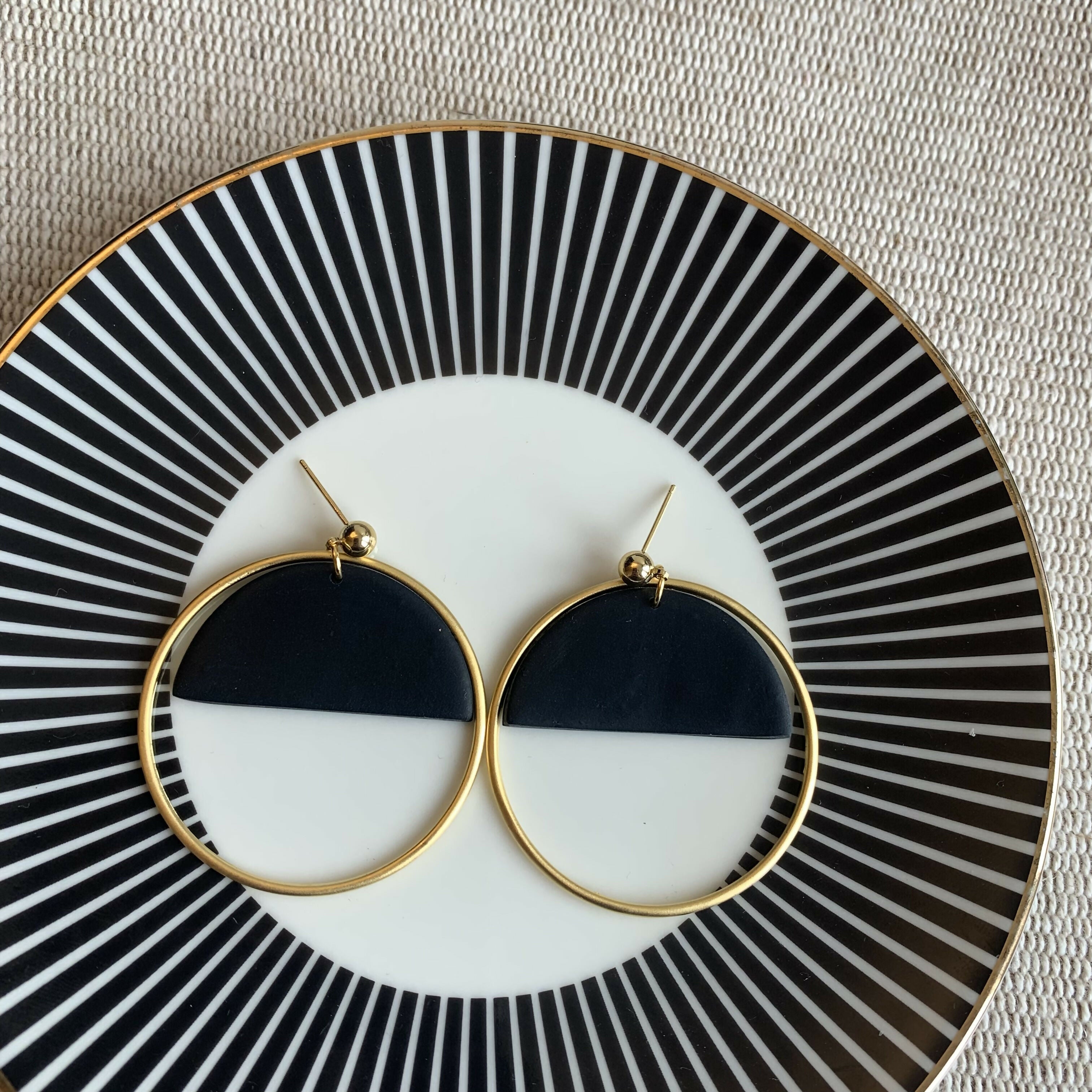 Coco Black Polymer Clay & Gold Hoop Earrings