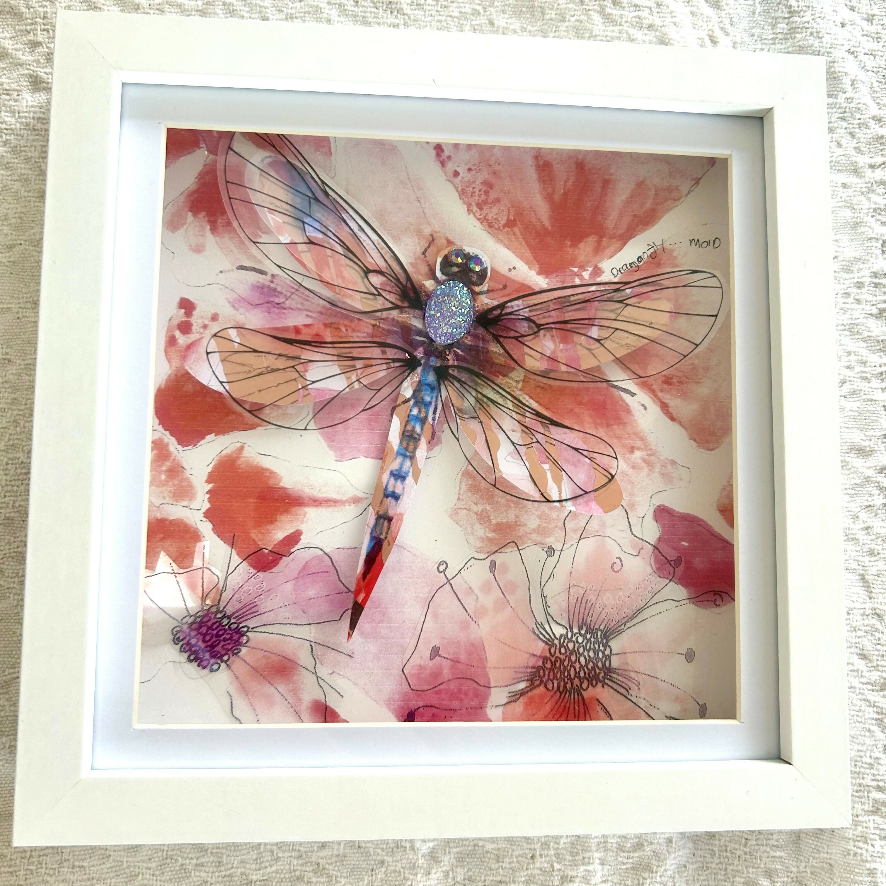 Florals & Dragonfly Mixed Media Framed Artwork