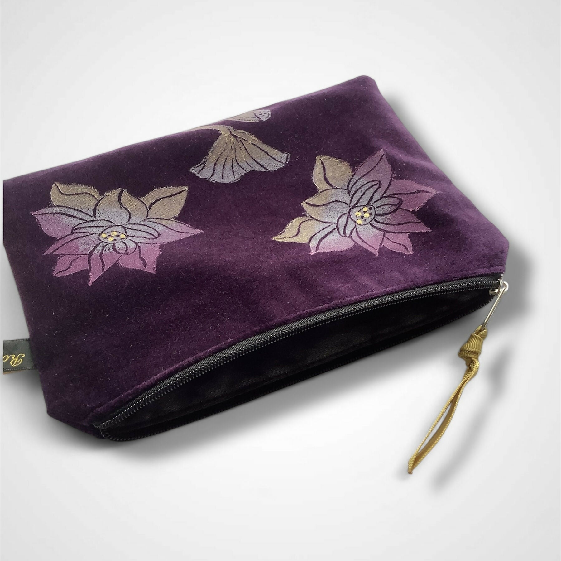 Lotus Flower Aubergine Velvet Zip-Up Pouch with Wrist Strap