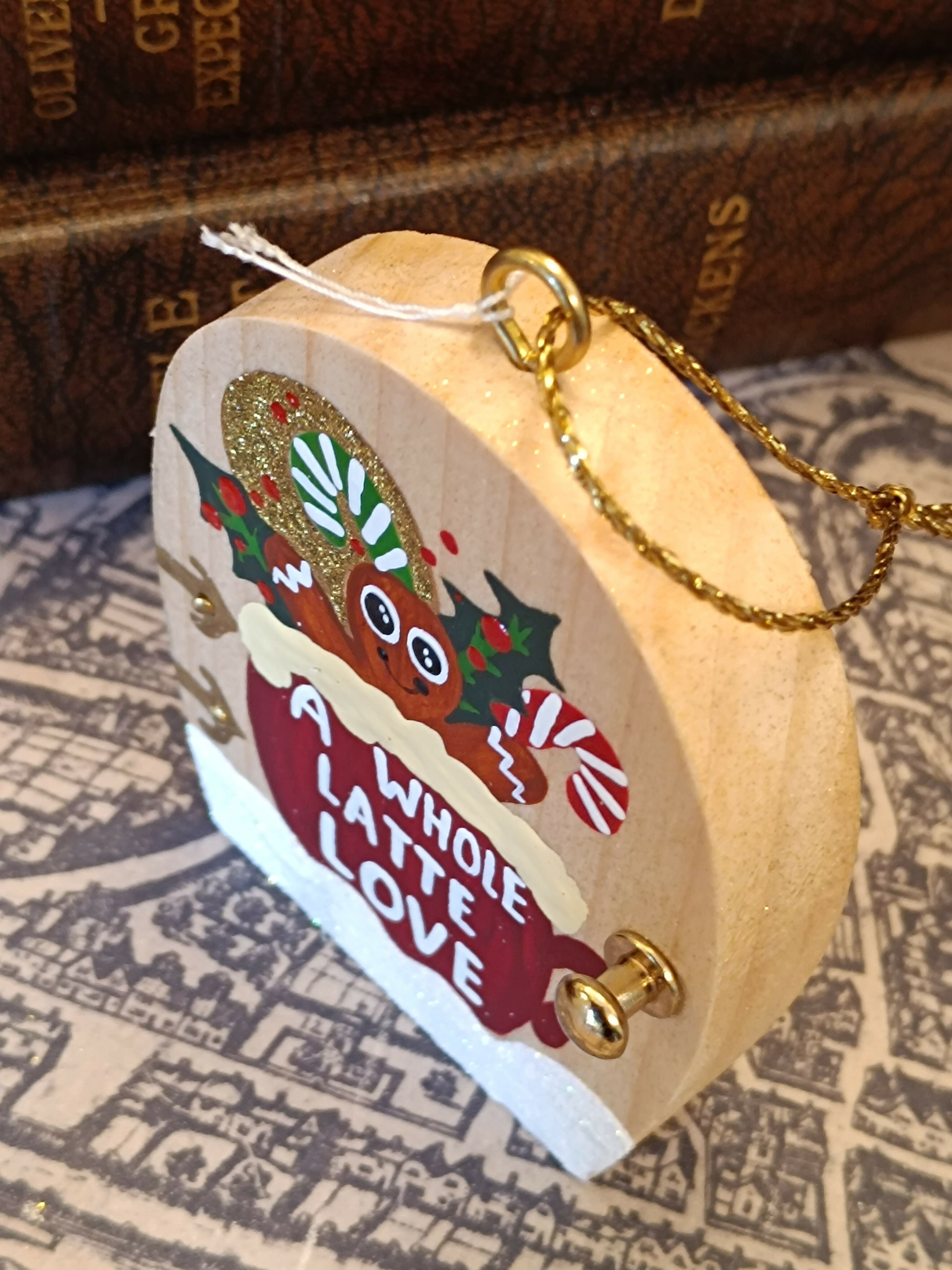 Handmade Wooden Gingerbread & Coffee Door Ornament – "A Whole Latte Love" Cute Christmas Tree Decoration & Cozy Winter Gift