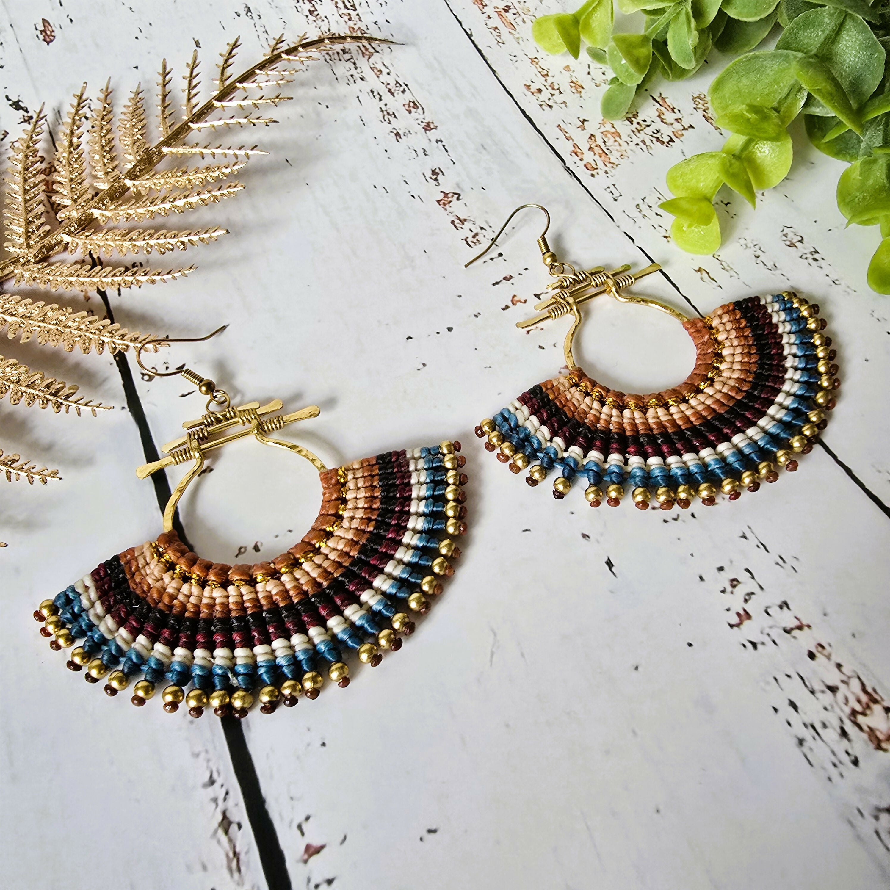 Asian Temple Earrings; Golden Brown Macrame Cord, Gold Hammered Brass Wire Spiral Statement Earrings