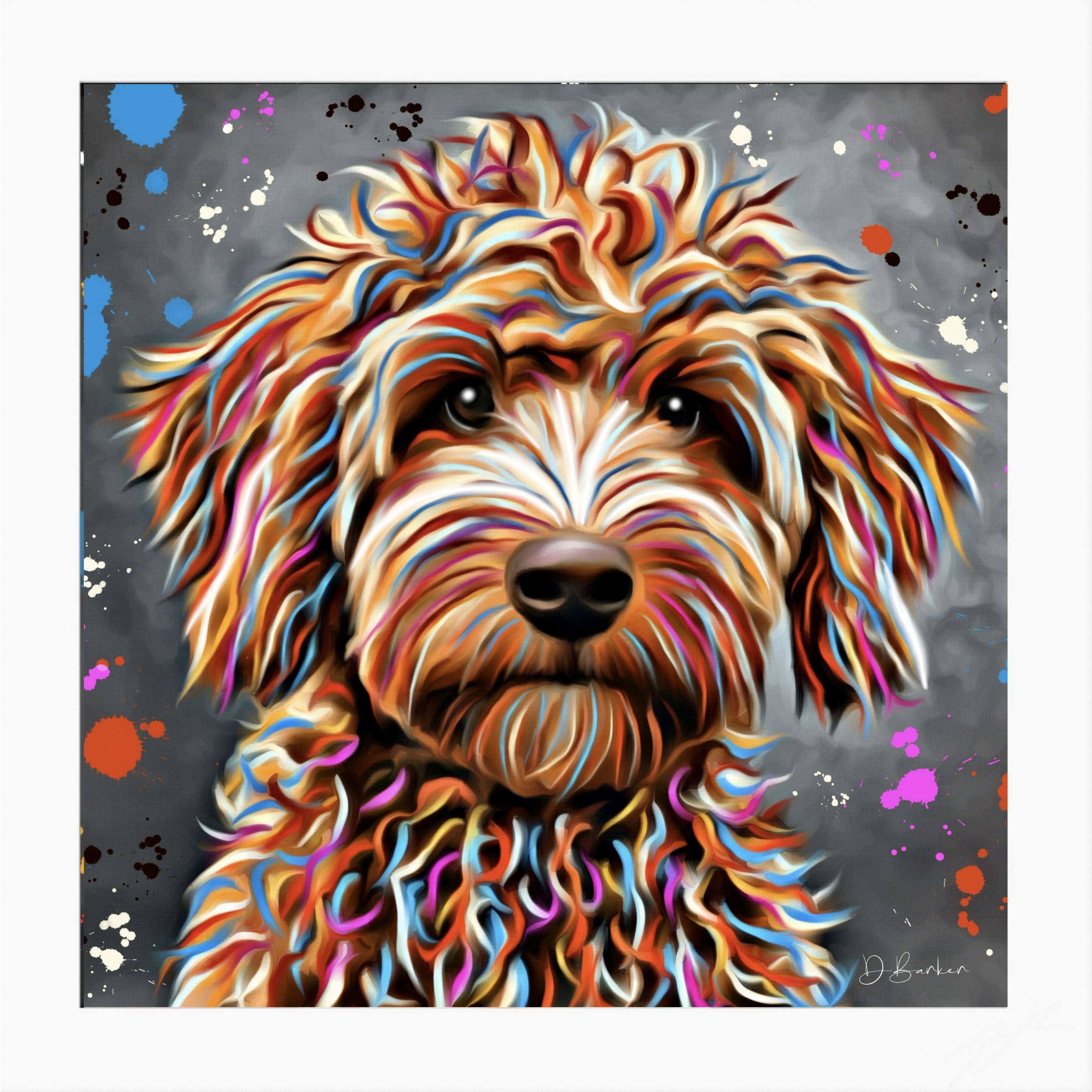 LABRADOODLE BLONDE DOG - COLOUR SPLASH MOUNTED ARTWORK.