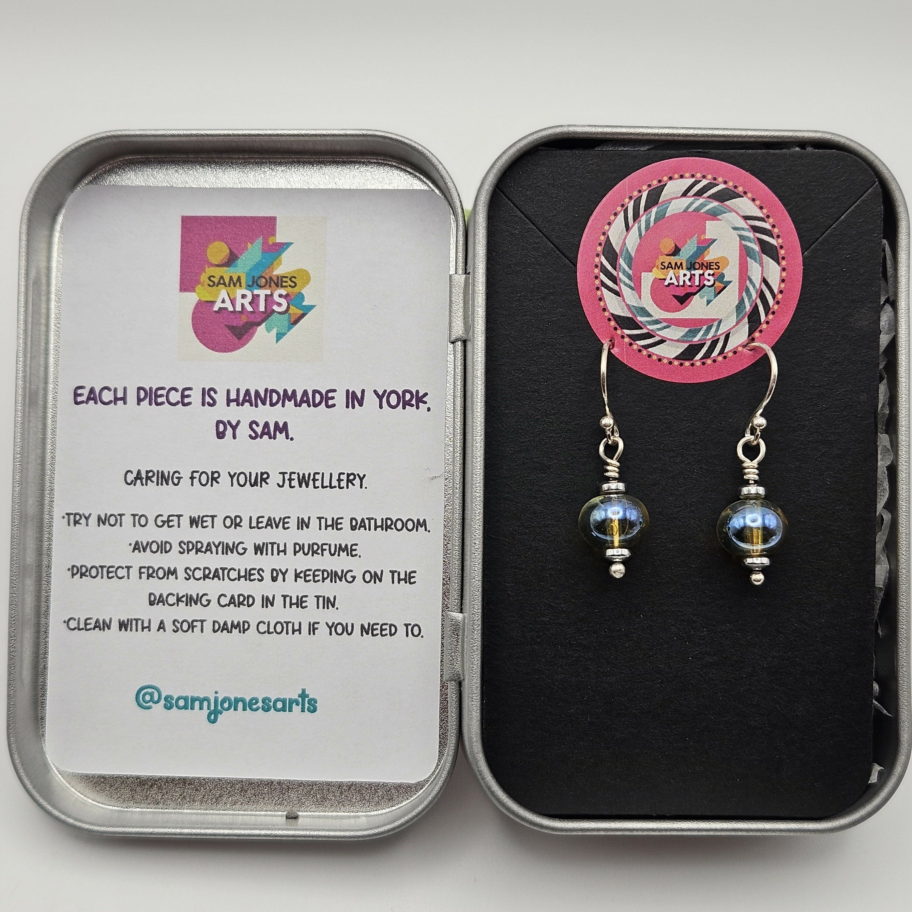 HAND LAMPWORKED GLASS EARRINGS, WITH STERLING SILVER EAR WIRES AND HEMATITE ACCENT BEADS