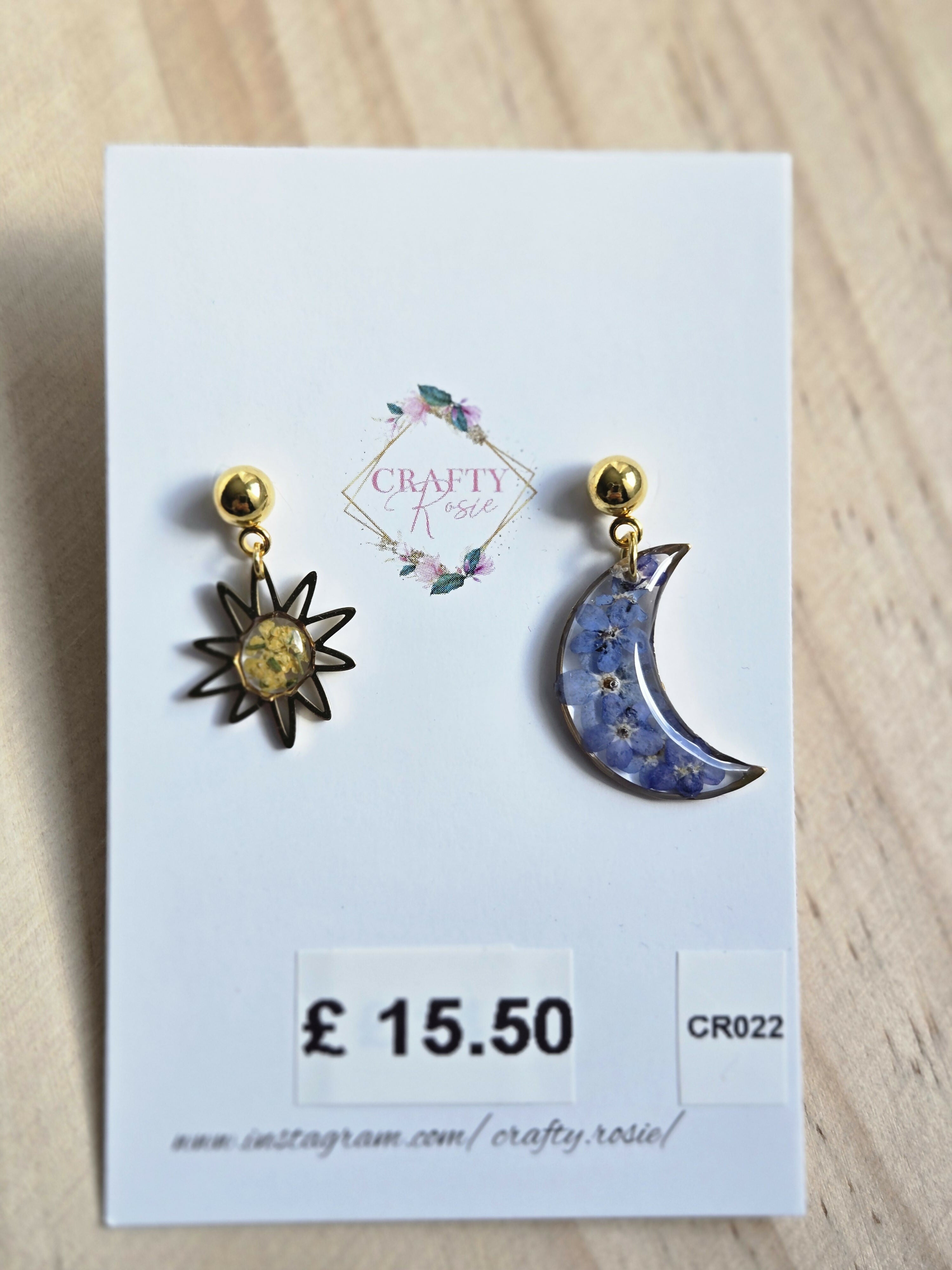 Stainless Steel Sun and Moon with Real Flowers Dangle Earrings