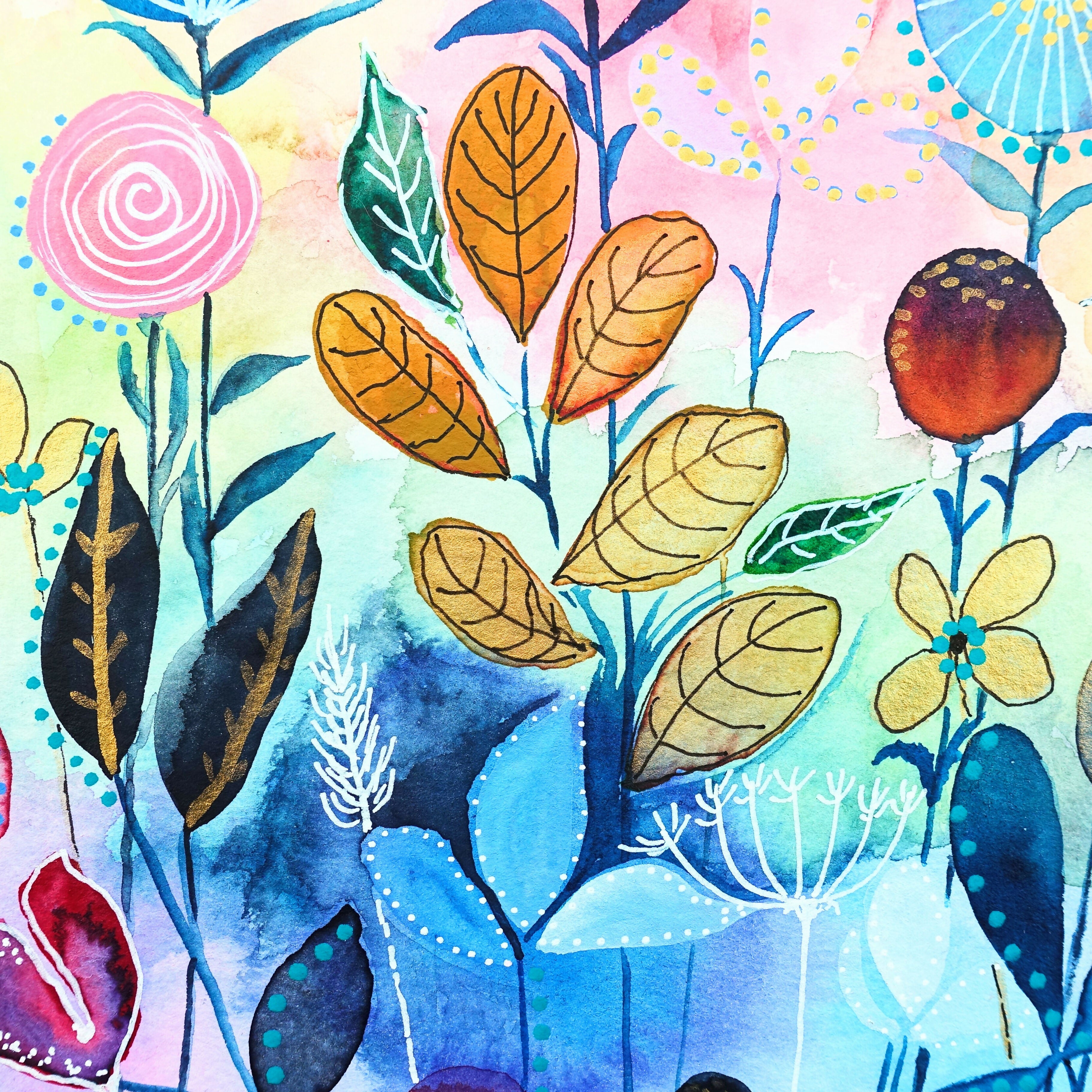 'Seed Heads & Autumn Leaves' Original Mixed Media Painting
