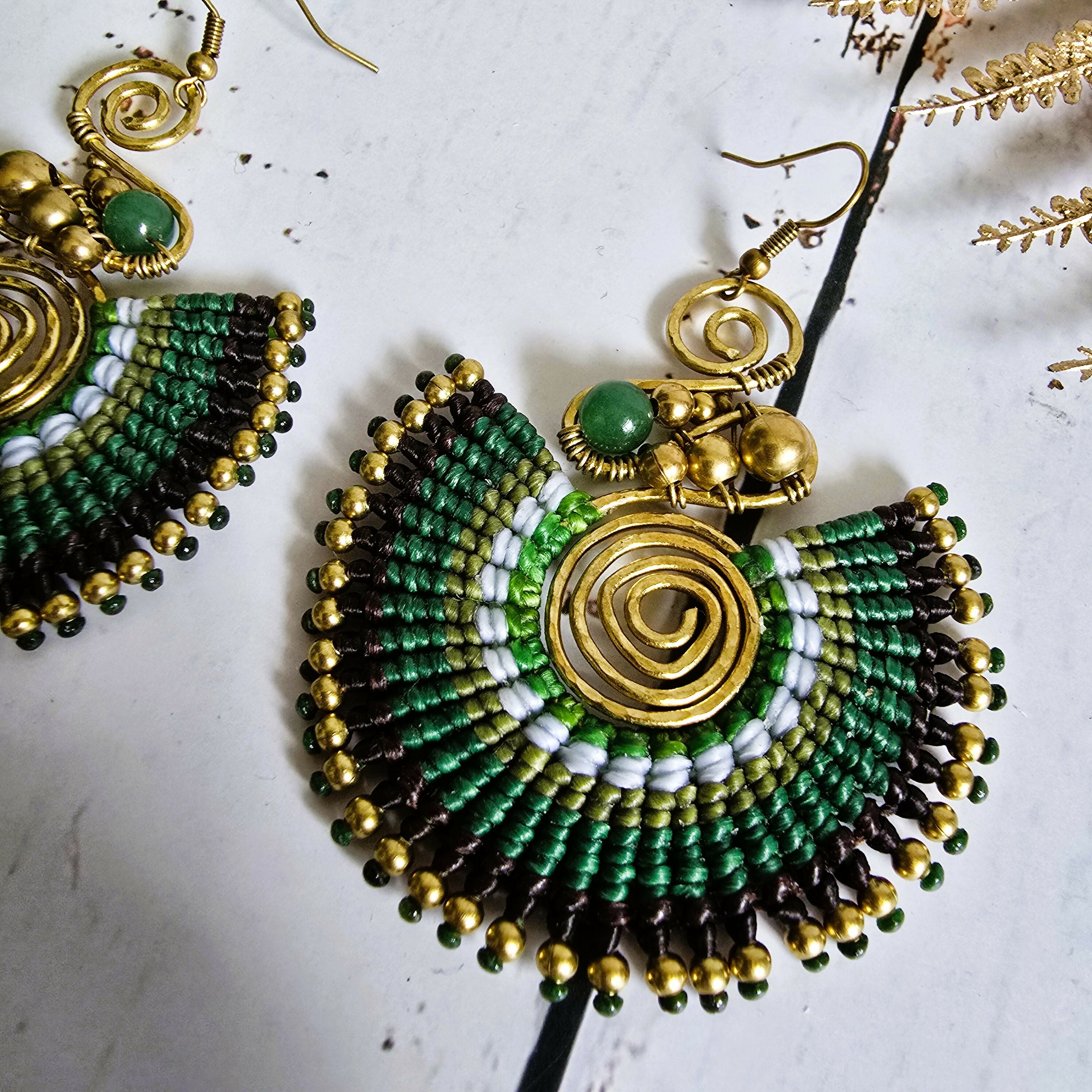 Green Jade Crystal Earrings; Full Moon Macramé Earrings With Gold Spiral & Bohemian Wirework