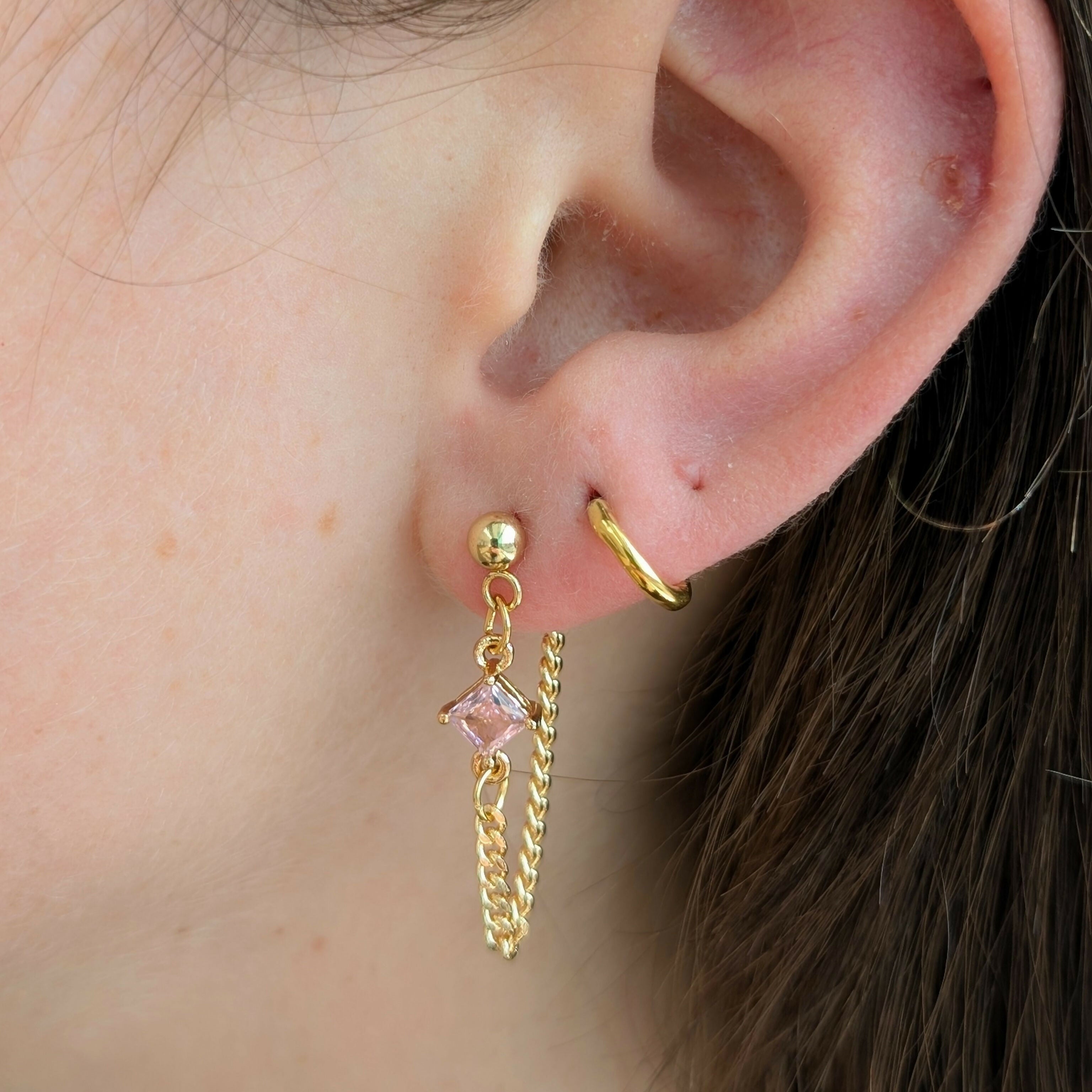 Powder Pink Zirconia Chain Earrrings on Gold Plated Ball Stud