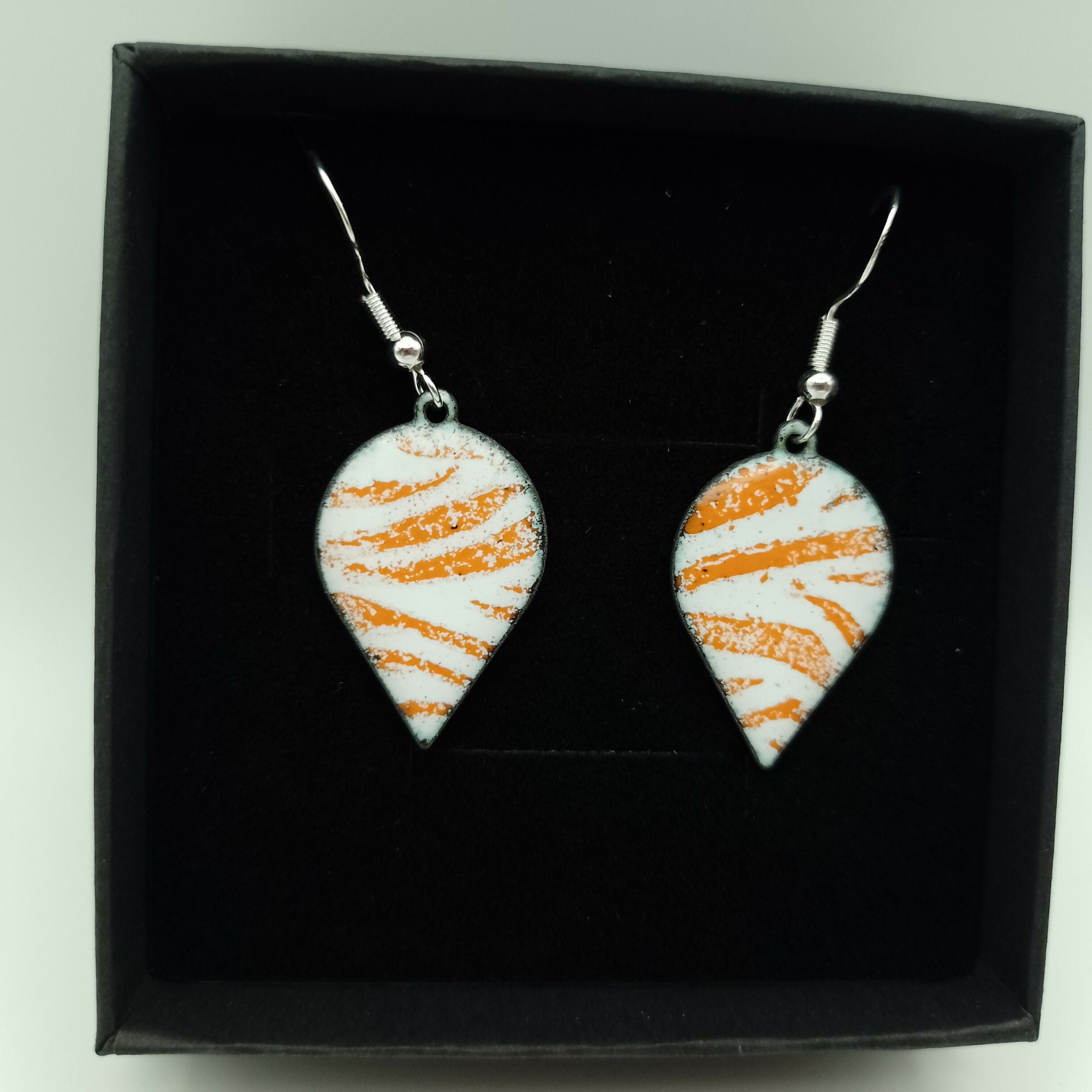 White Enamel Teardrop Earrings with Tangerine Orange Stripes