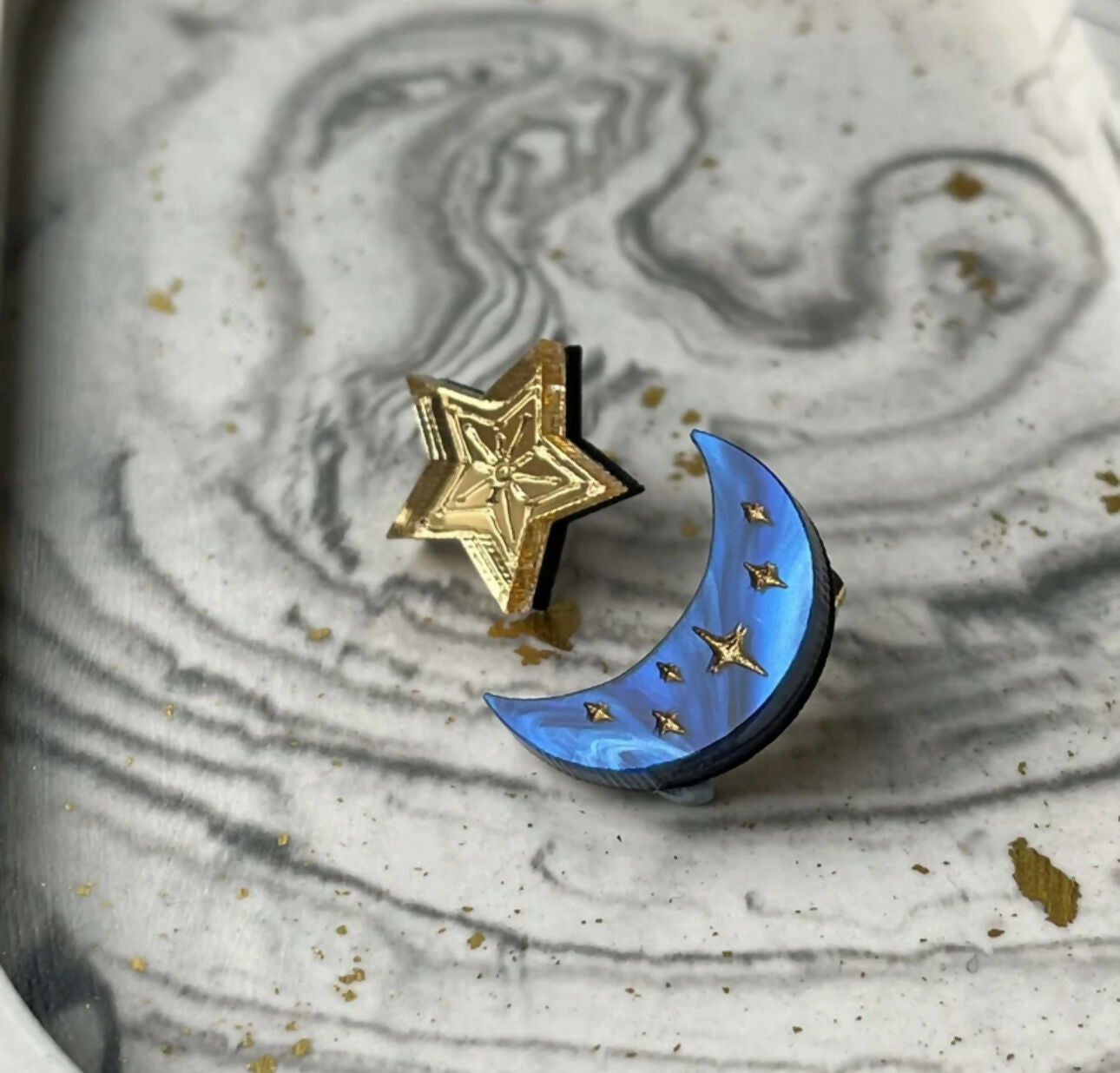 Celestial, Engraved Moon And Star Stud Earrings