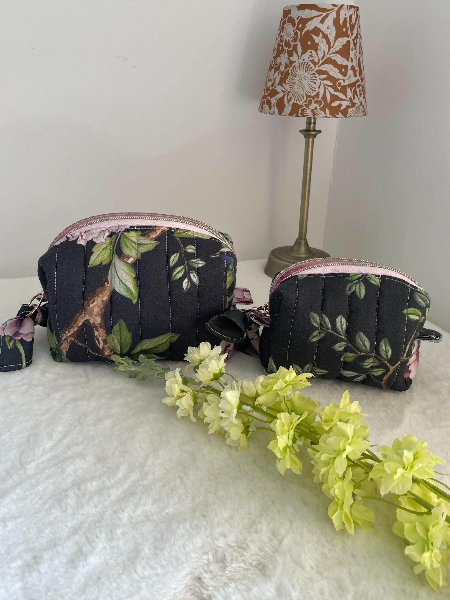 Black Quilted Toiletry Bag with Zipper Handmade in UK