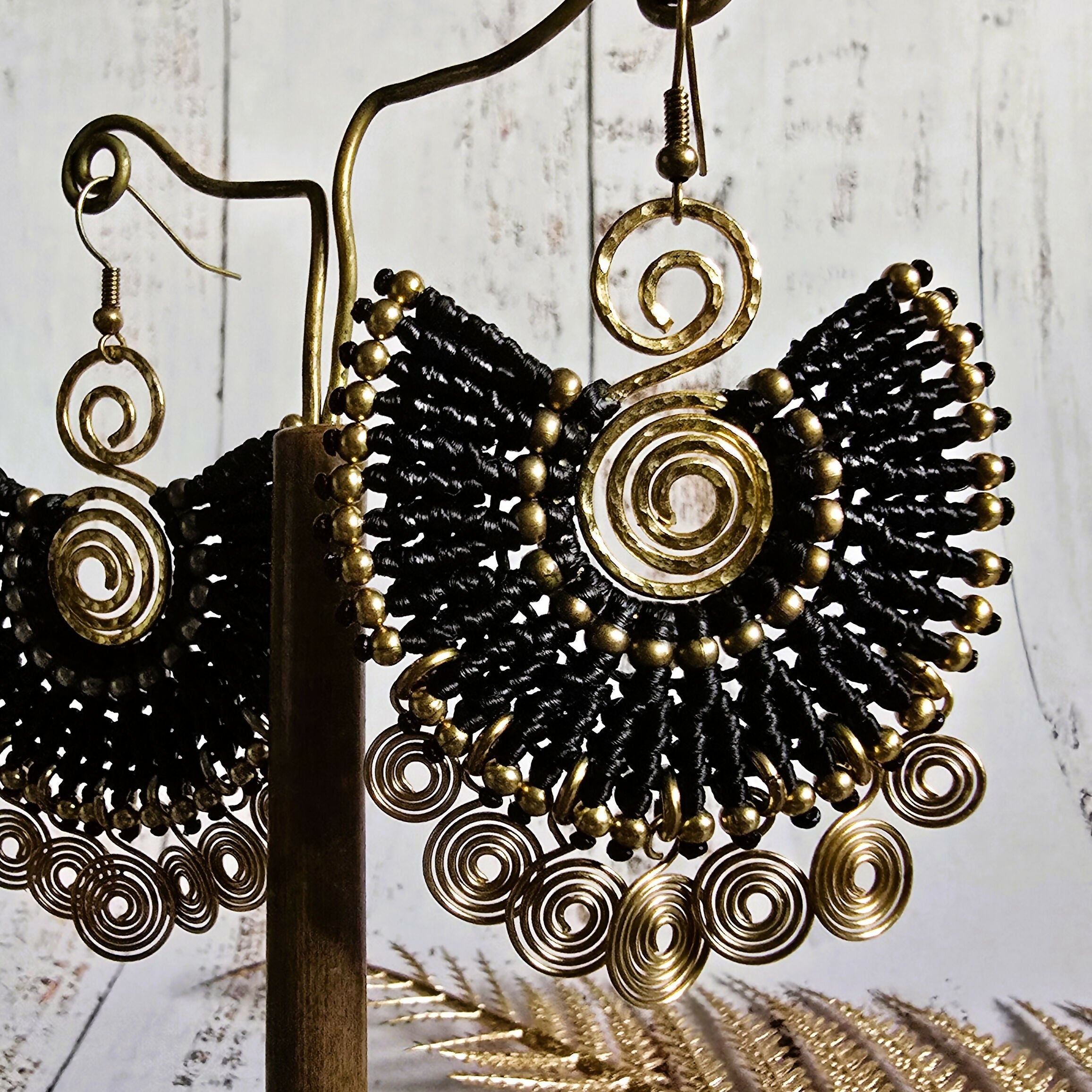Egyptian Queen Earrings; Large Statement Black Macrame Gold Spirals Earrings