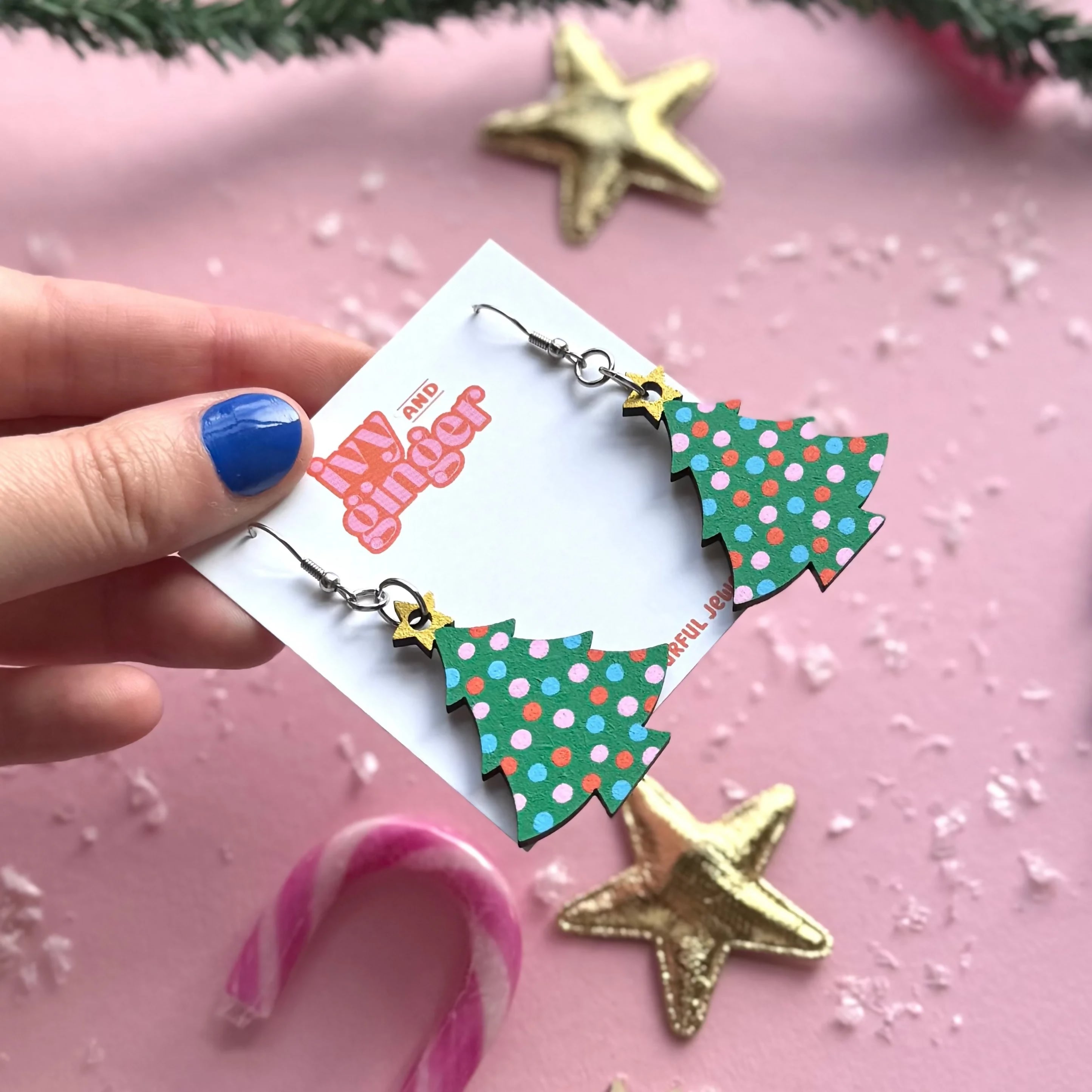 Polka Dot Christmas Tree Dangle Earrings