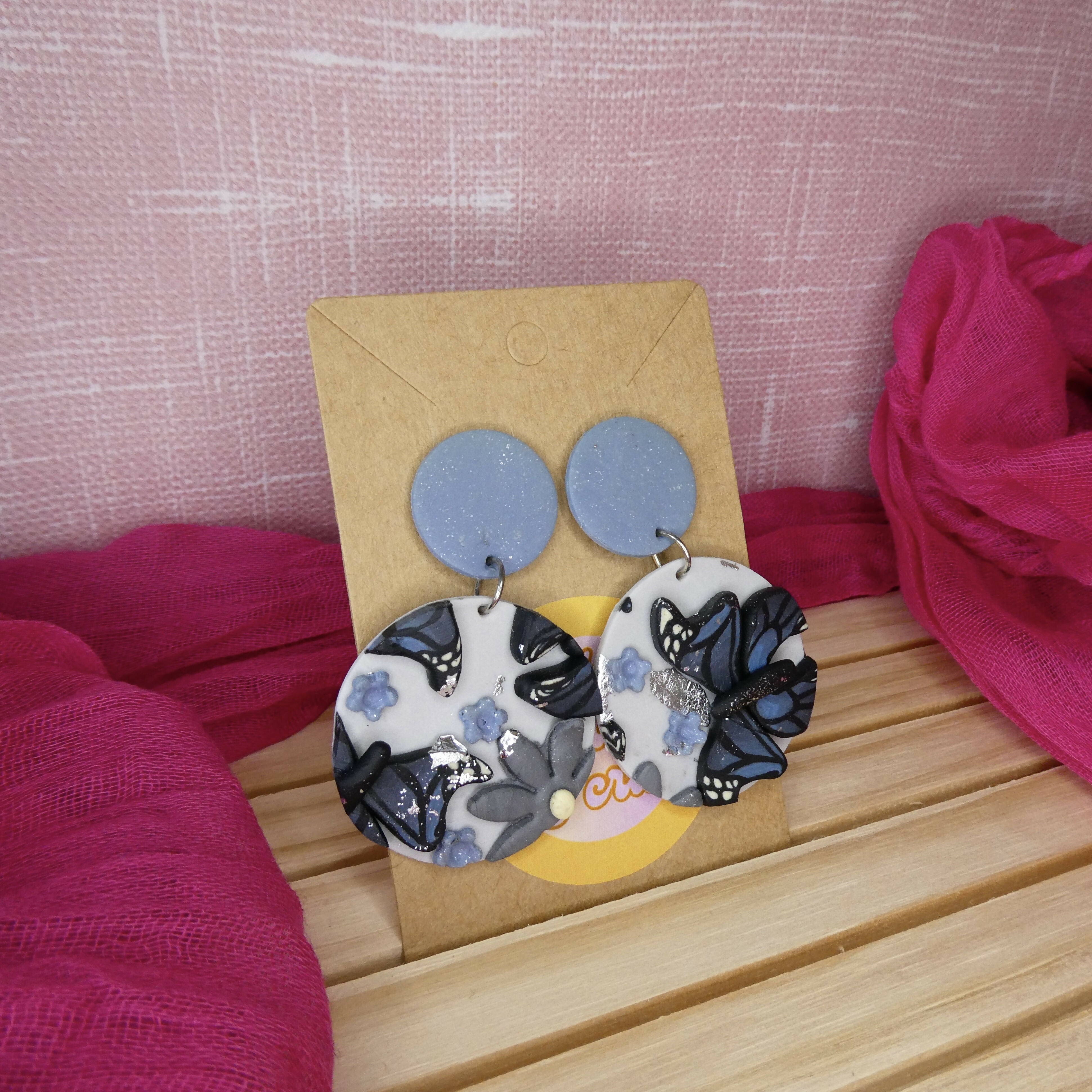 Moulded Grey Abstract Butterfly Polymer Clay Earrings