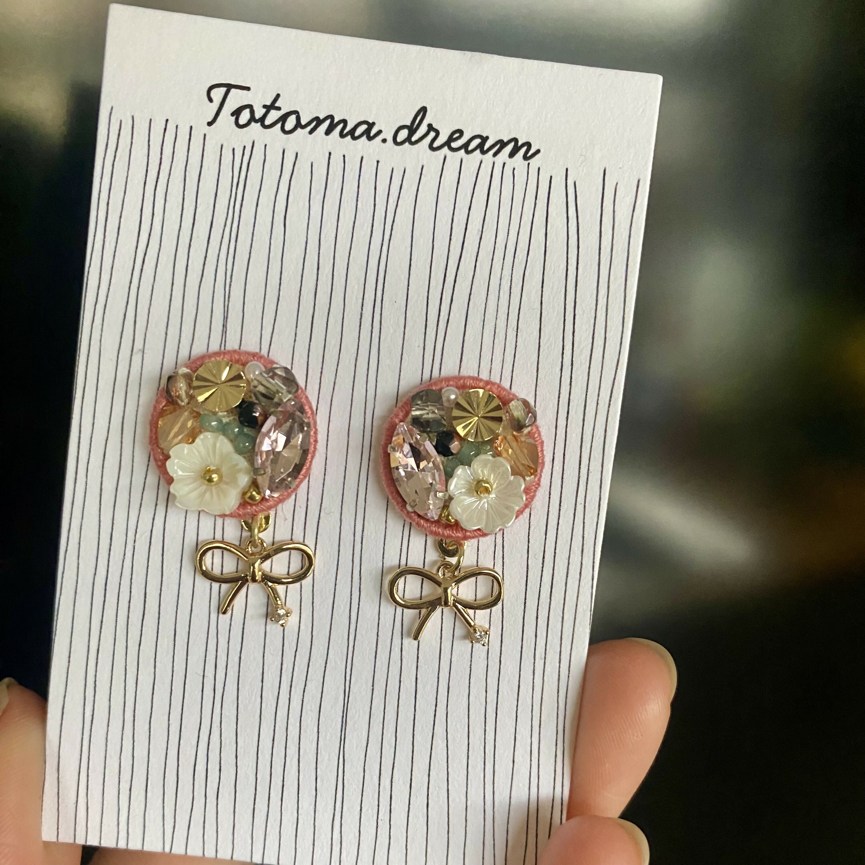 Crystal Embroidery Earrings with Ribbon Charm