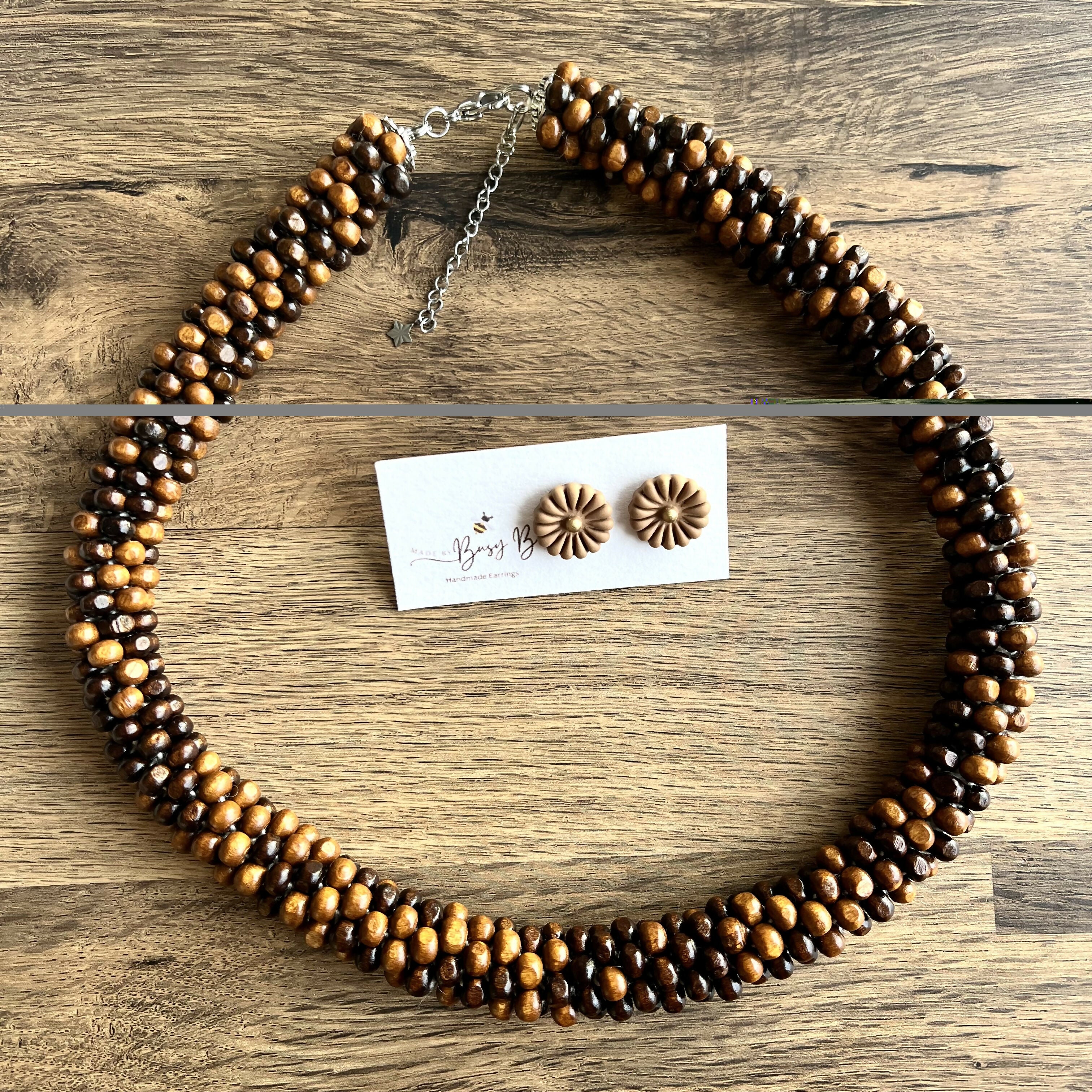 Boho Chic Wood Beads Choker/ Handmade Multicolour Necklace with FREE pair of studs