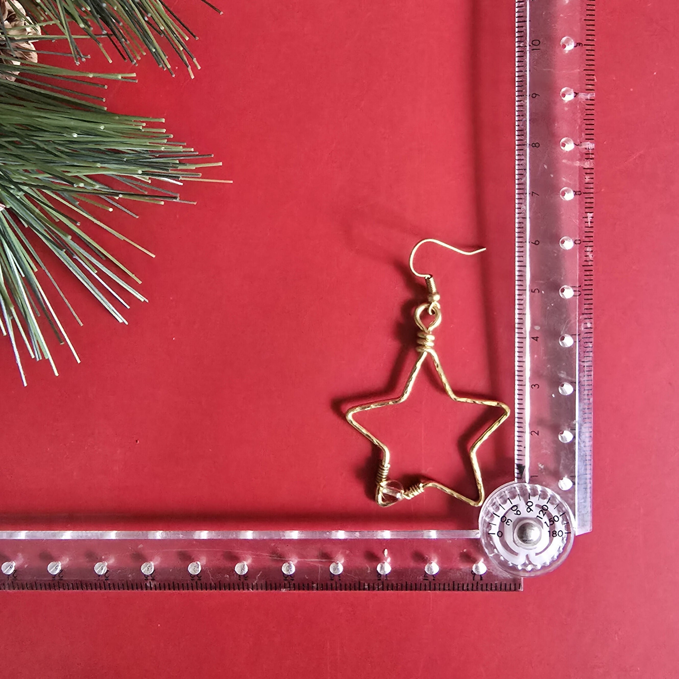 Christmas Gold Star Earrings; Citrine Crystal Celestial Festive Brass Wire Handmade Artisanal Earrings