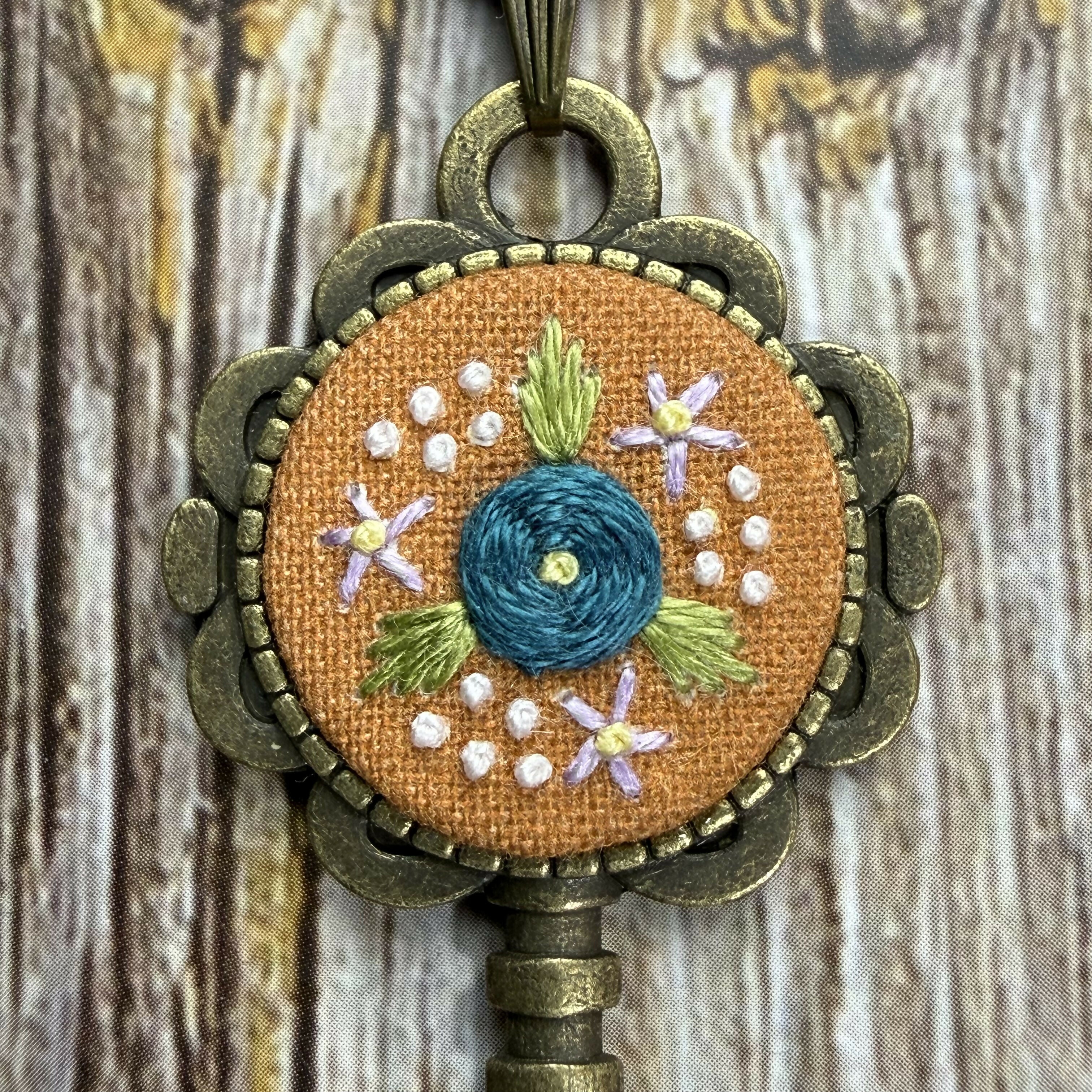 Hand Embroidered Orange Floral Key Necklace