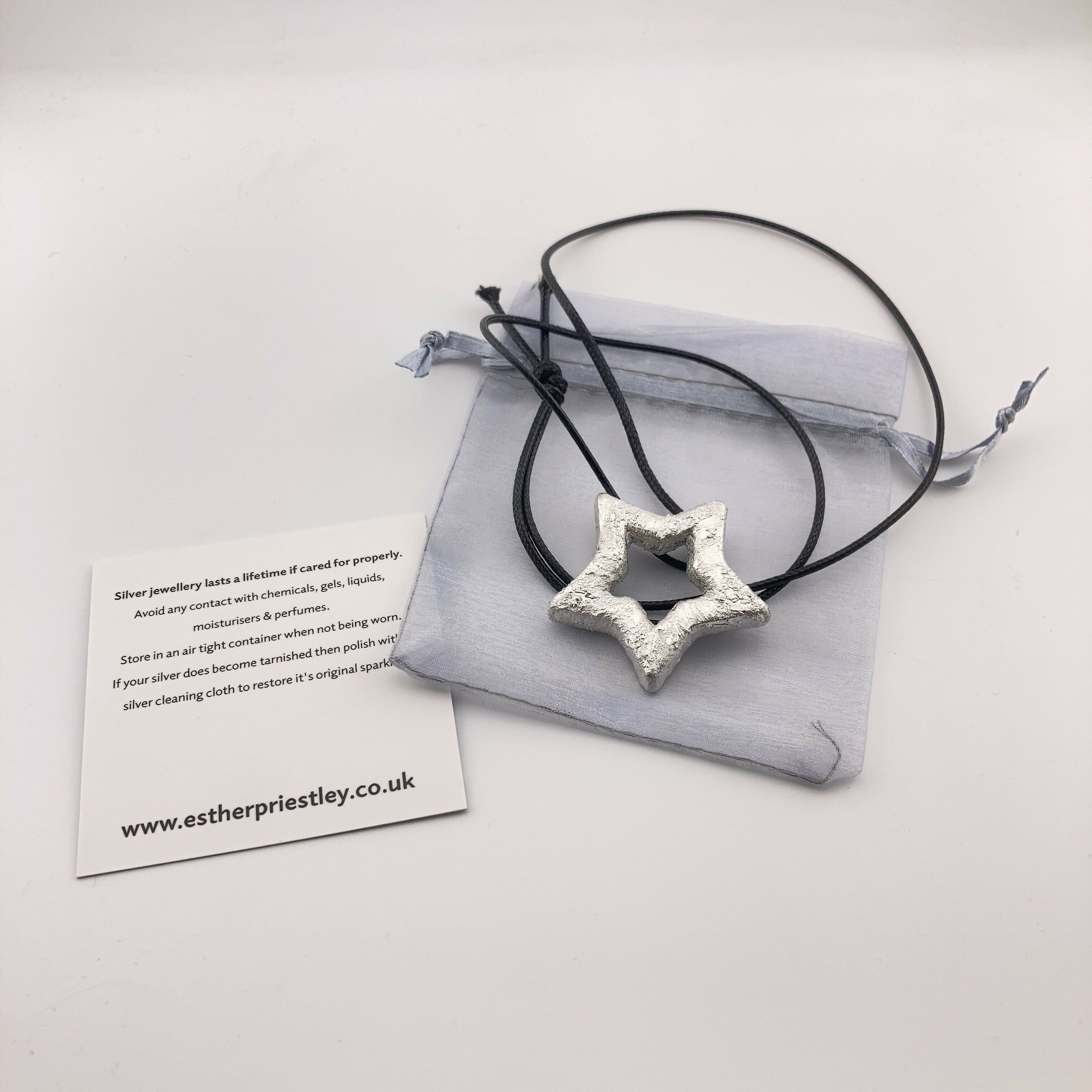 Christmas Star - Handmade Chunky Silver Star Pendant on Cotton Cord