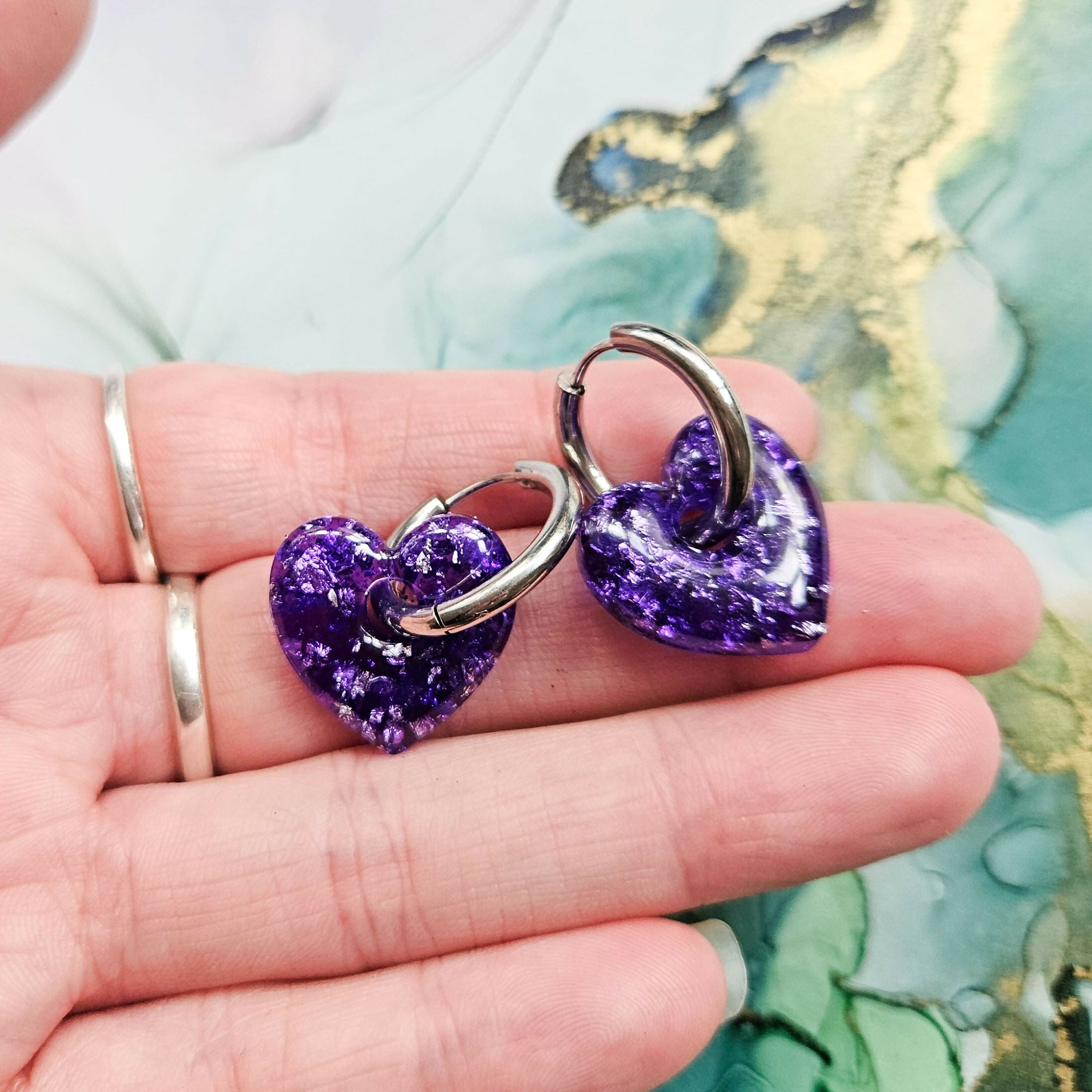 Handmade Purple And Silver Resin Heart Charms On Chunky Hoops