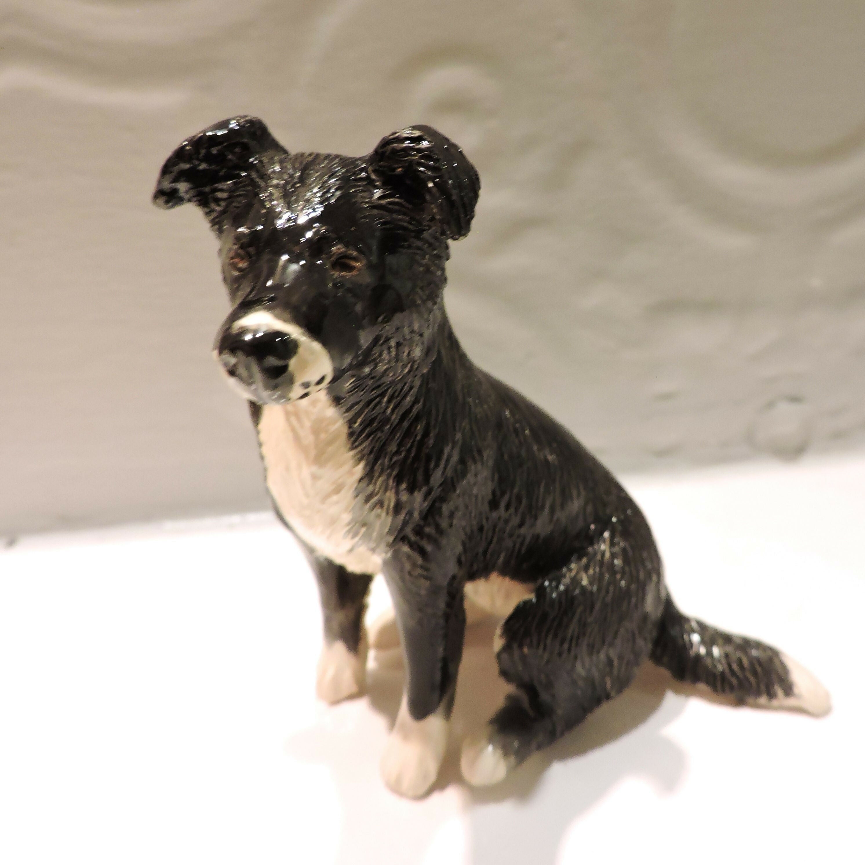 Ceramic Border Collie dog sculpture, Black and white