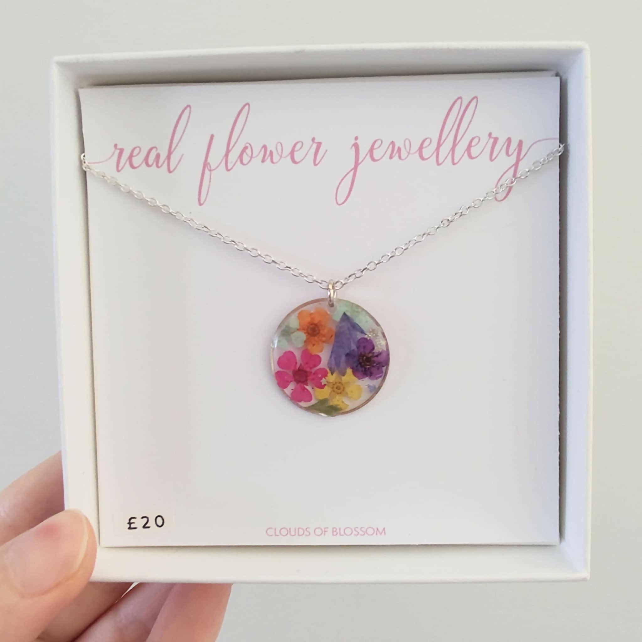 Real Flower Colourful Circle Necklace Silver Plated