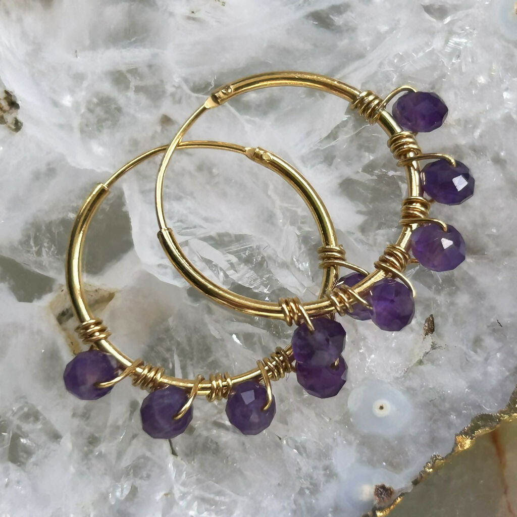 Handmade Gold Vermeil Amethyst Beaded Hoop Earrings