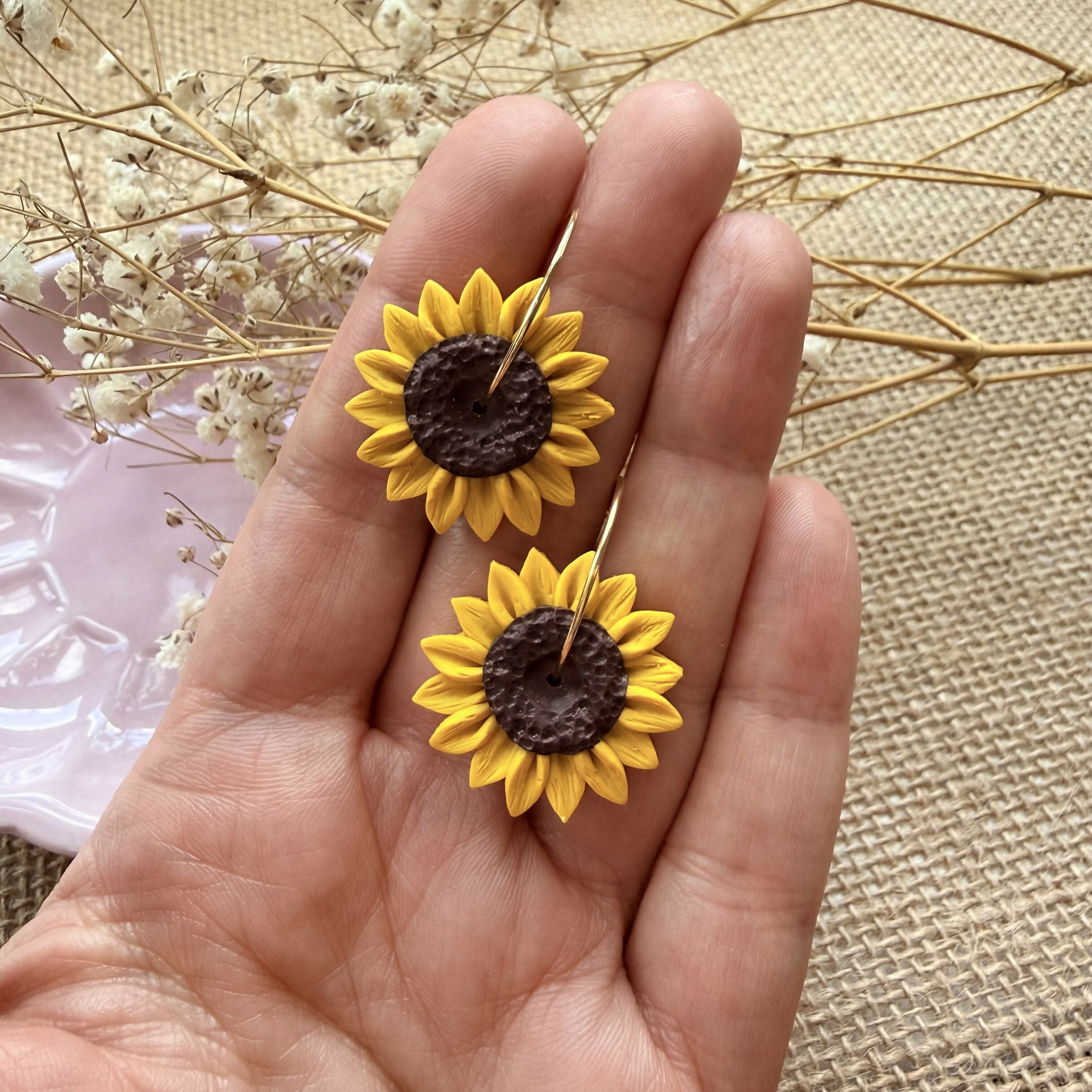 Sunflower Hoop Earrings in Yellow and Brown