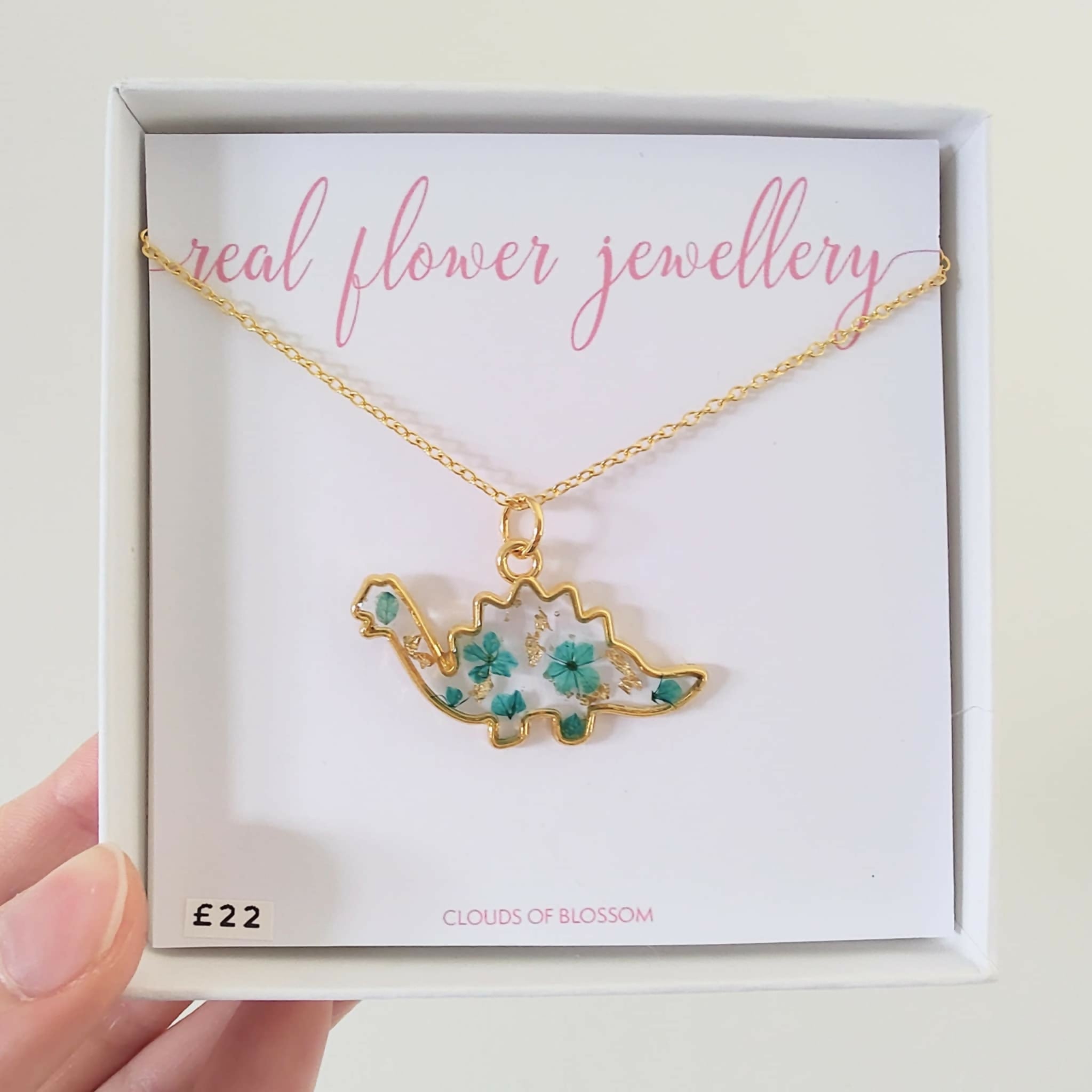Real Flower Dinosaur Green Necklace Gold Plated