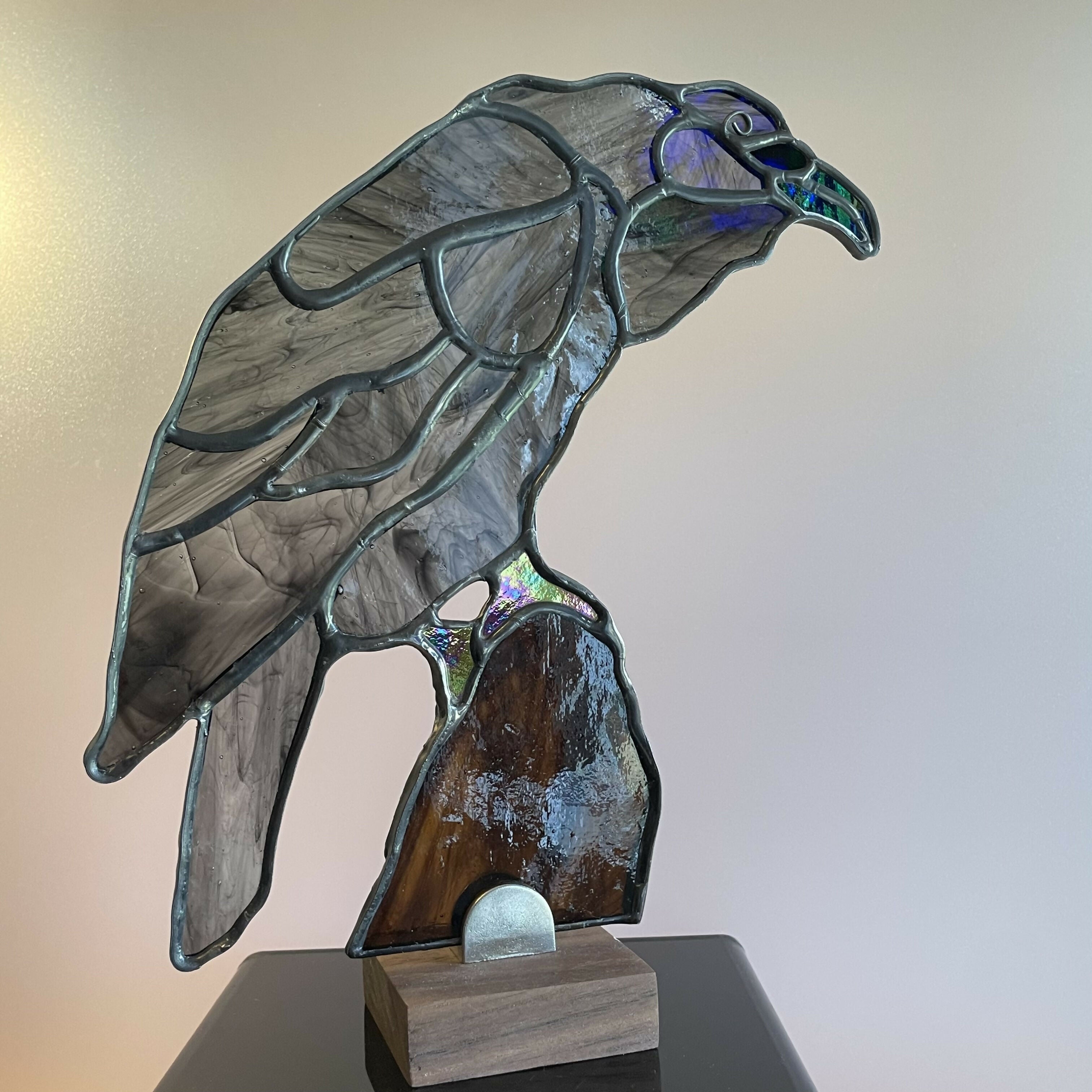 Stained Glass Raven on Wooden Stand