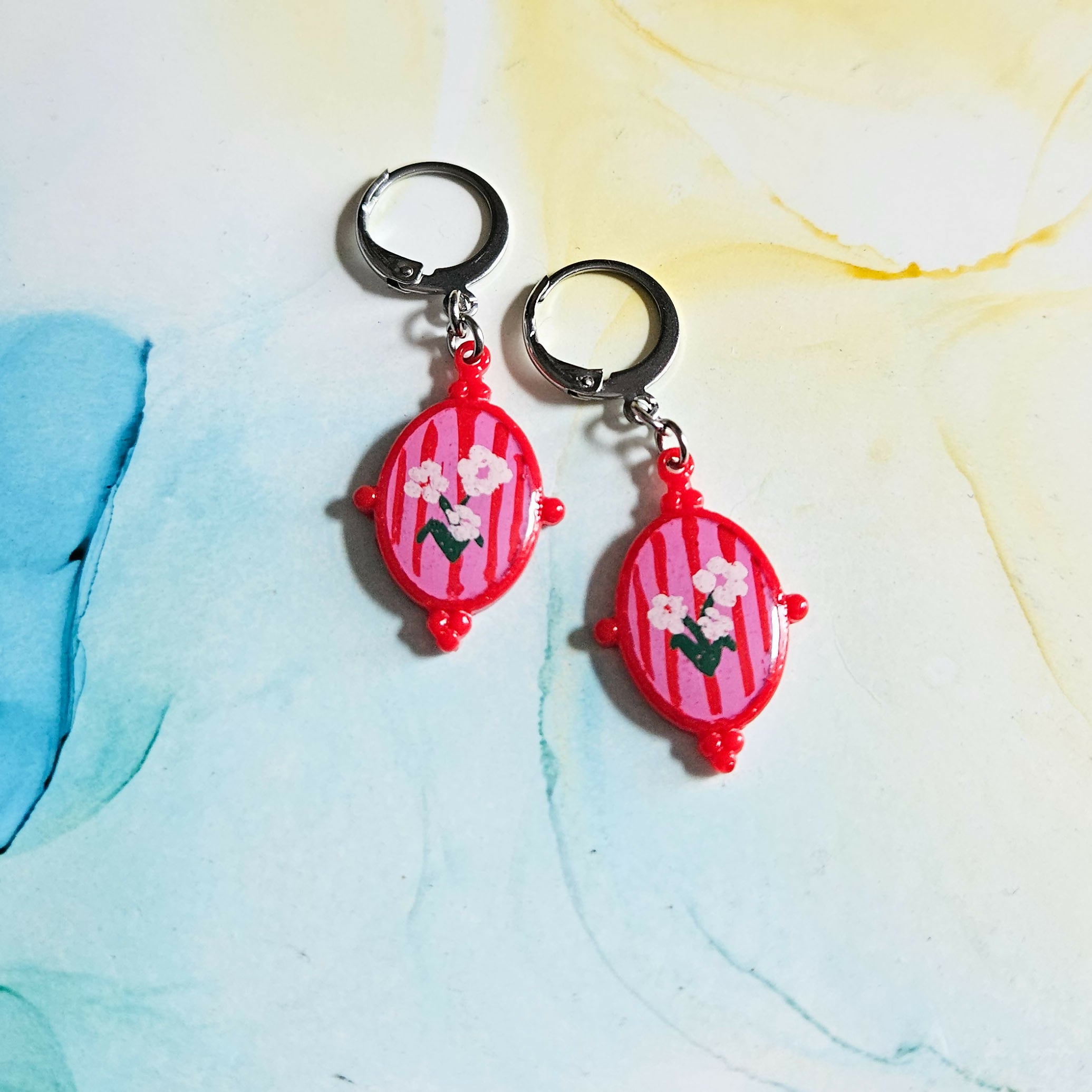 Handmade Resin Frame With Hand Painted Flowers Huggie Hoops Earrings
